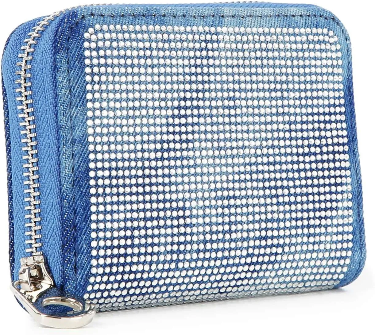 Handbag Express Rhinestone Design Zip Around Petite Wallet (Blue-Dots)