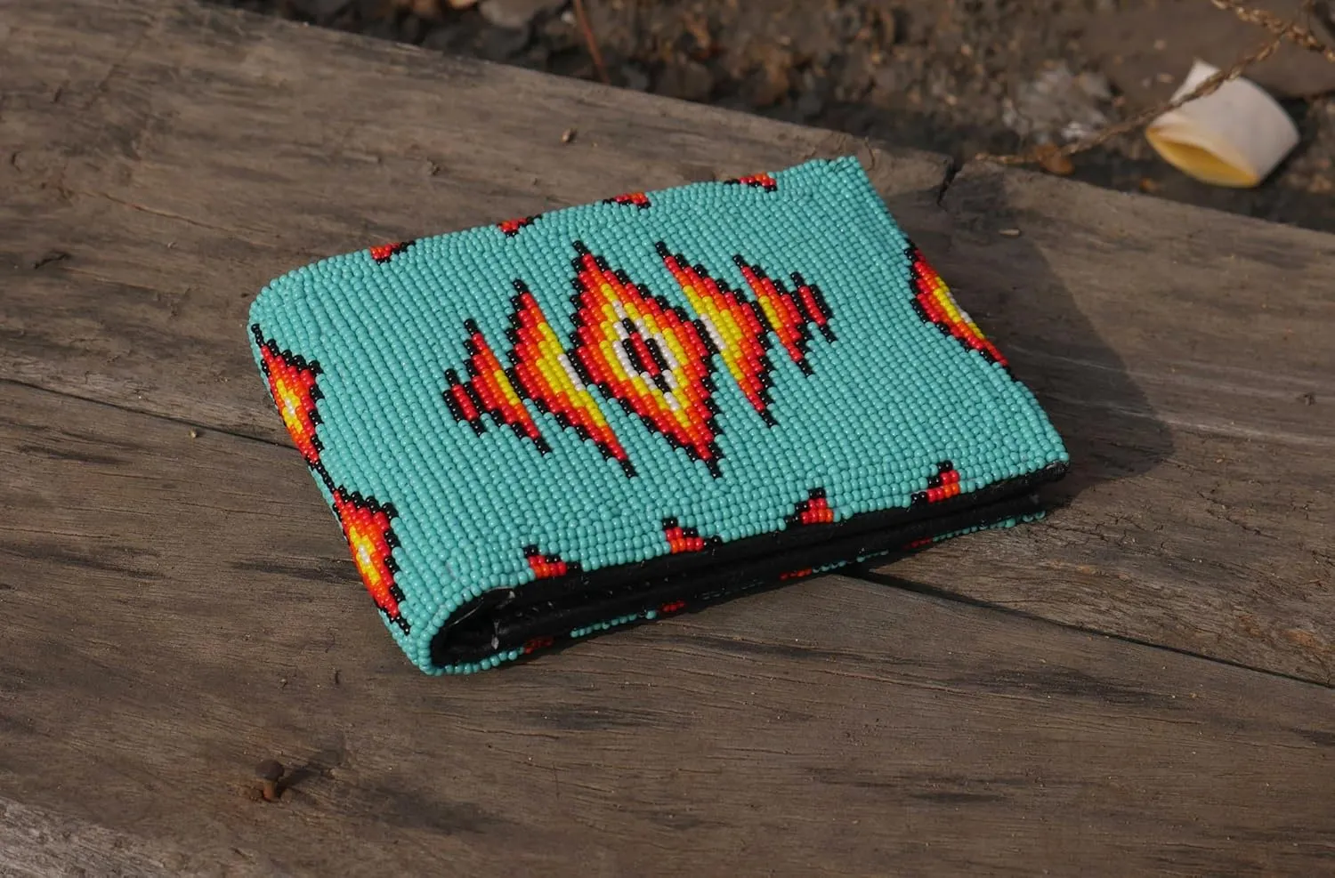 Handmade beaded Leather Wallet seed bead Inspired by Native American handicraft| traditional gifts for men and women (Turquoise)