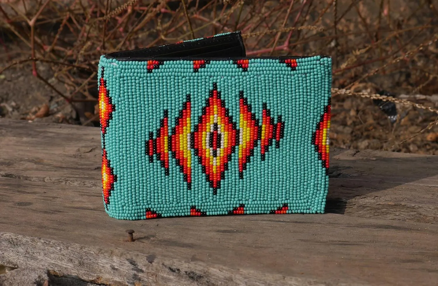 Handmade beaded Leather Wallet seed bead Inspired by Native American handicraft| traditional gifts for men and women (Turquoise)