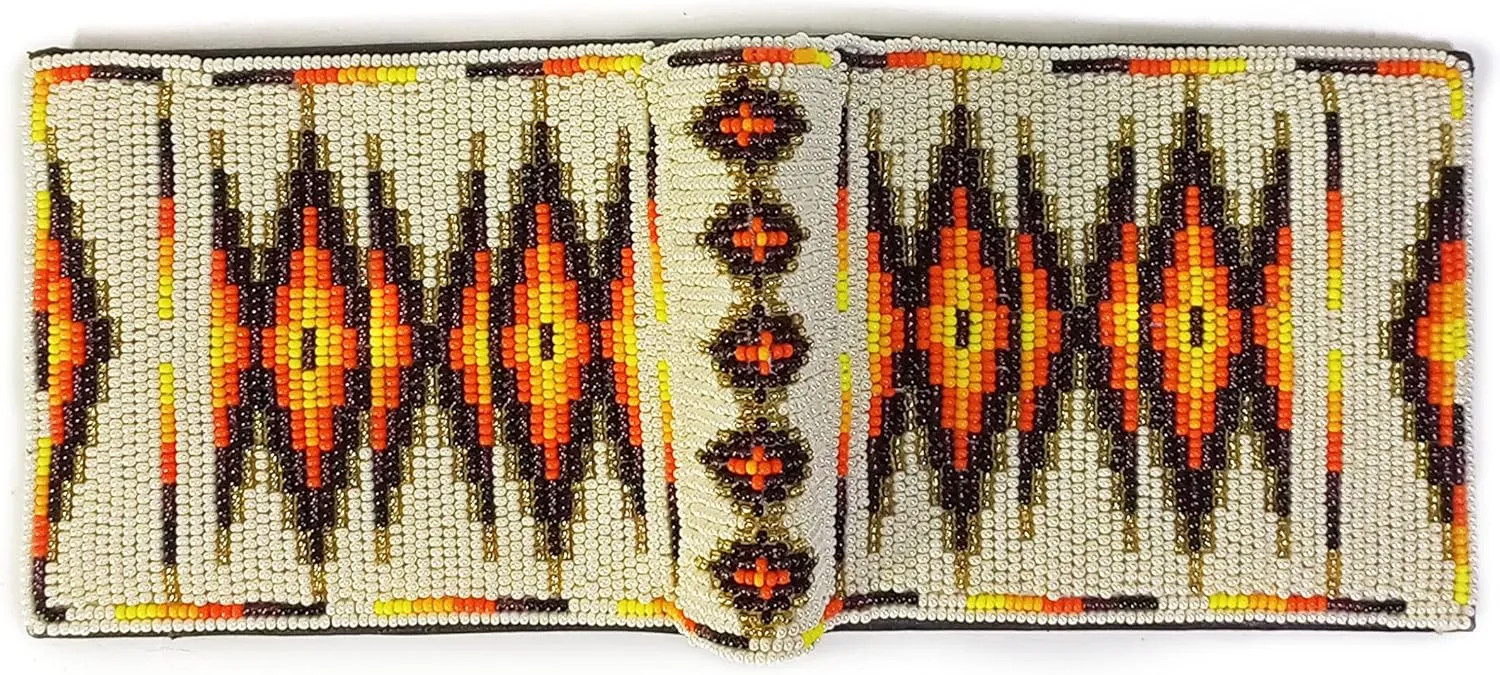 Handmade Native American Style Beaded Genuine Leather Wallet, Bifold Wallet, Mini Purse, Card Holder Wallets (Cream)