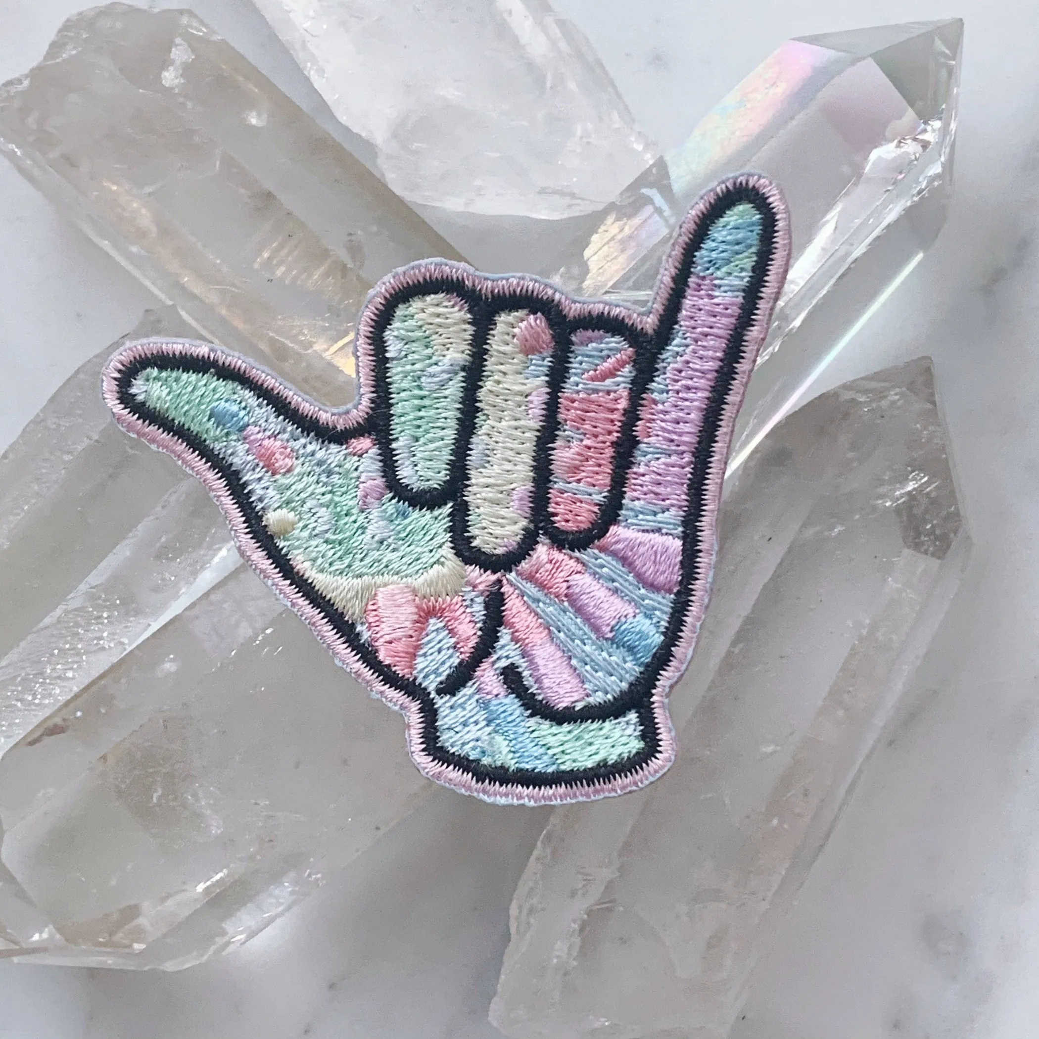 Hang Loose Hand Tie Dye Patch | Embroidered Cool Greeting Good Vibes Hand Sign