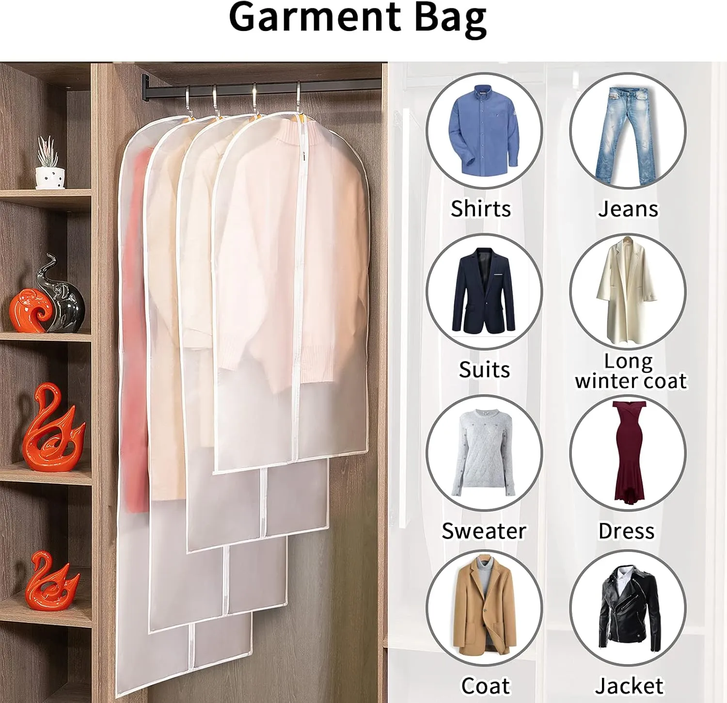 Hanging Garment Bags Suit Bags(Set of 12) Dust Cover Breathable Dress Bag for Closet Clothes Storage or Travel- Clear 24"x40"/48"/60"