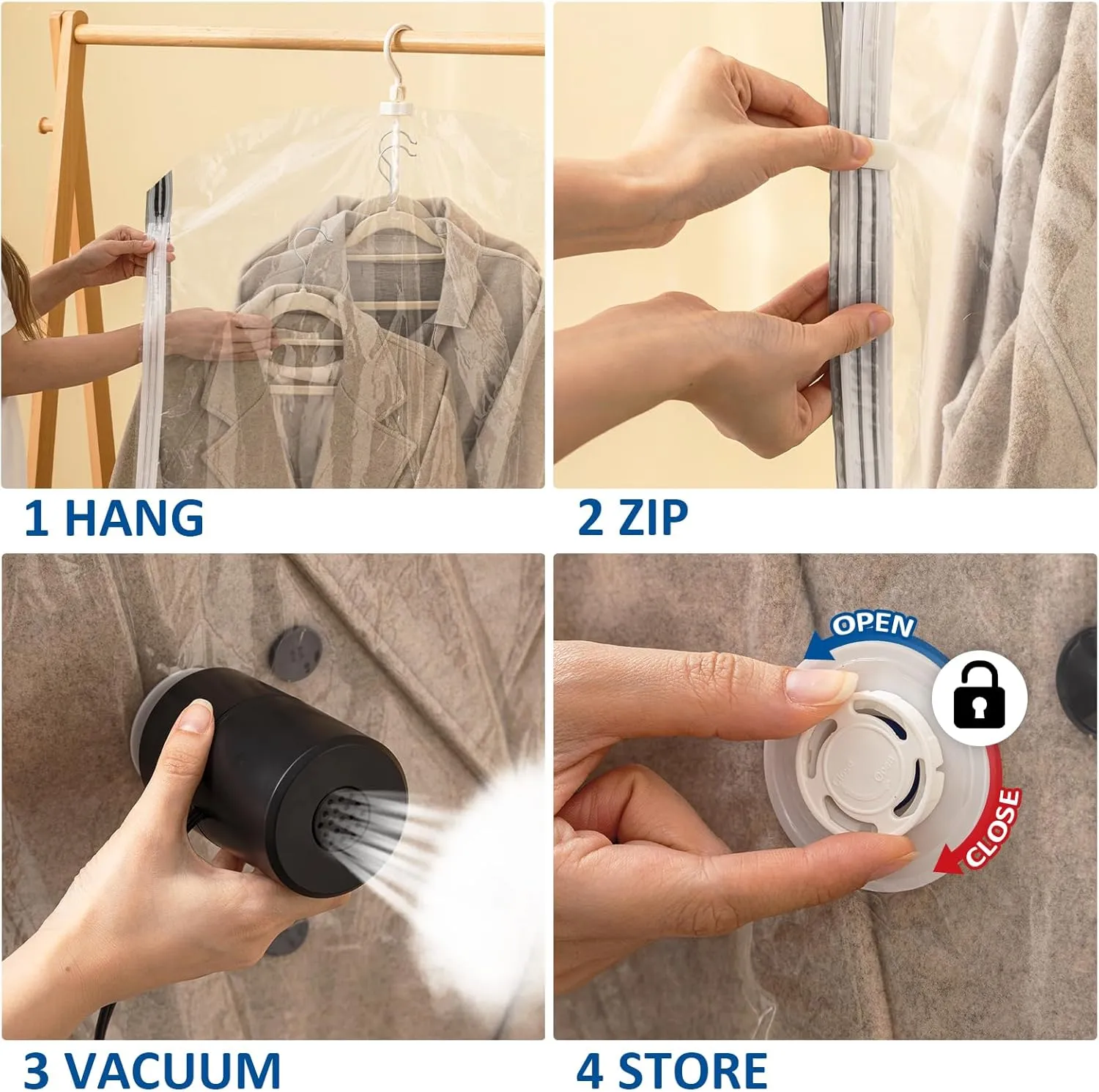 Hanging Vacuum Storage Bags, 4 Pack Hanging Storage Bags for Clothes With Electric Pump, Vacuum Sealed for Suits, Dress, Jackets (2 Long, 2 Short)