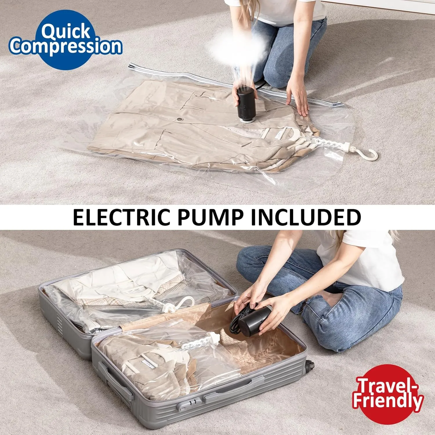 Hanging Vacuum Storage Bags, 4 Pack Hanging Storage Bags for Clothes With Electric Pump, Vacuum Sealed for Suits, Dress, Jackets (2 Long, 2 Short)