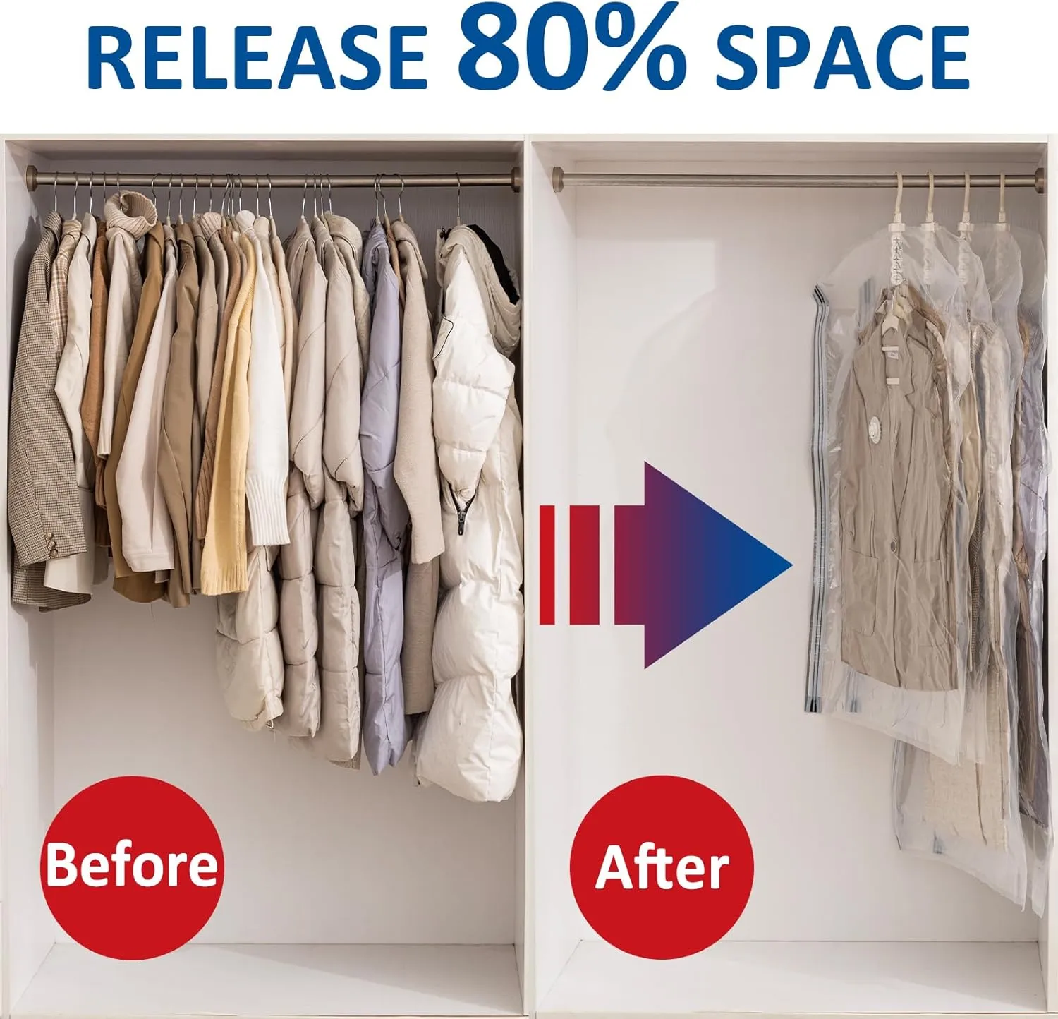 Hanging Vacuum Storage Bags, 4 Pack Hanging Storage Bags for Clothes With Electric Pump, Vacuum Sealed for Suits, Dress, Jackets (2 Long, 2 Short)