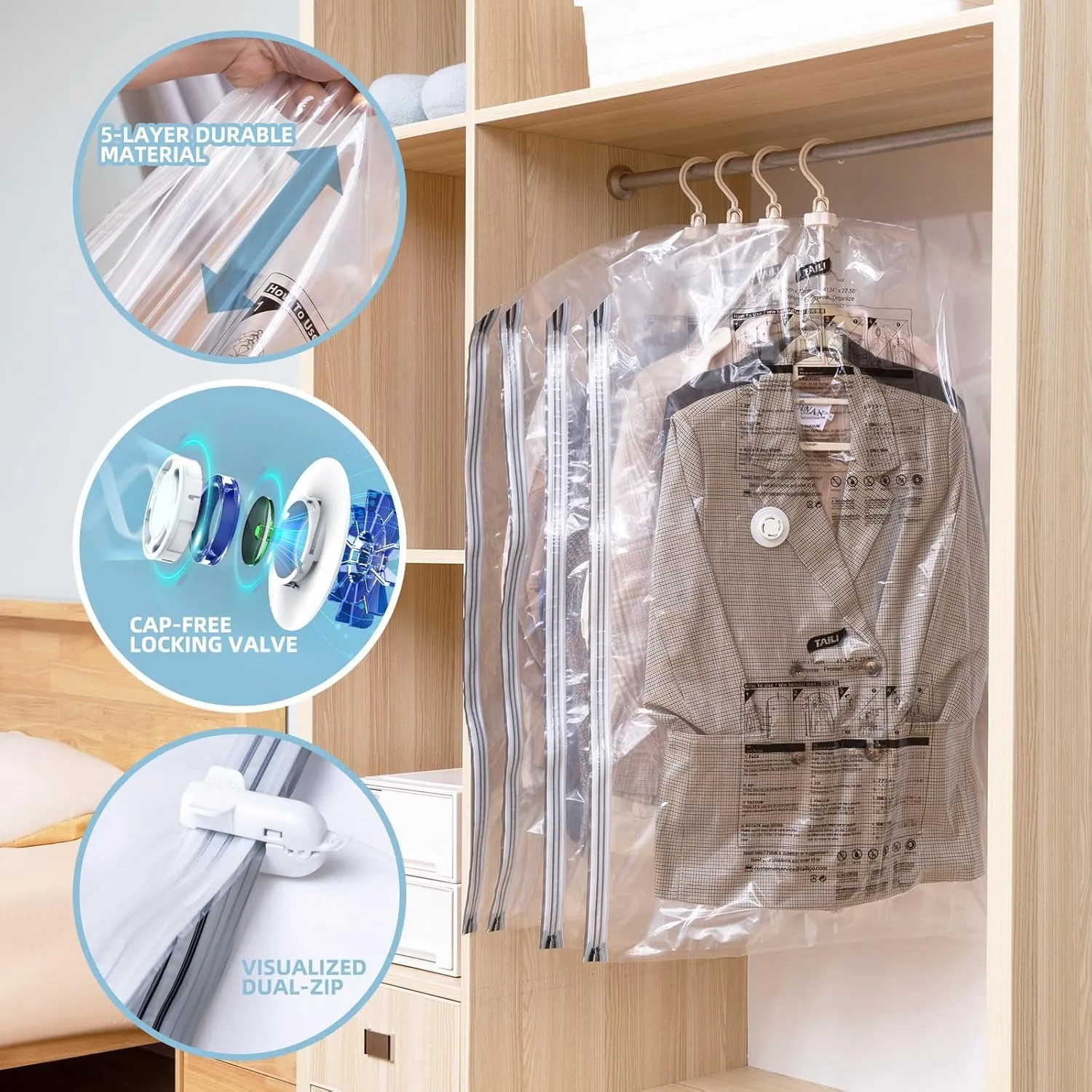 Hanging Vacuum Storage Bags, 6 Pack (41.3 x27.6 inch), Vacuum Seal Bags for Clothing, Garment Bags for Short Clothses, Jacket, Suits, Dresses, Closet Organizer Space Saving