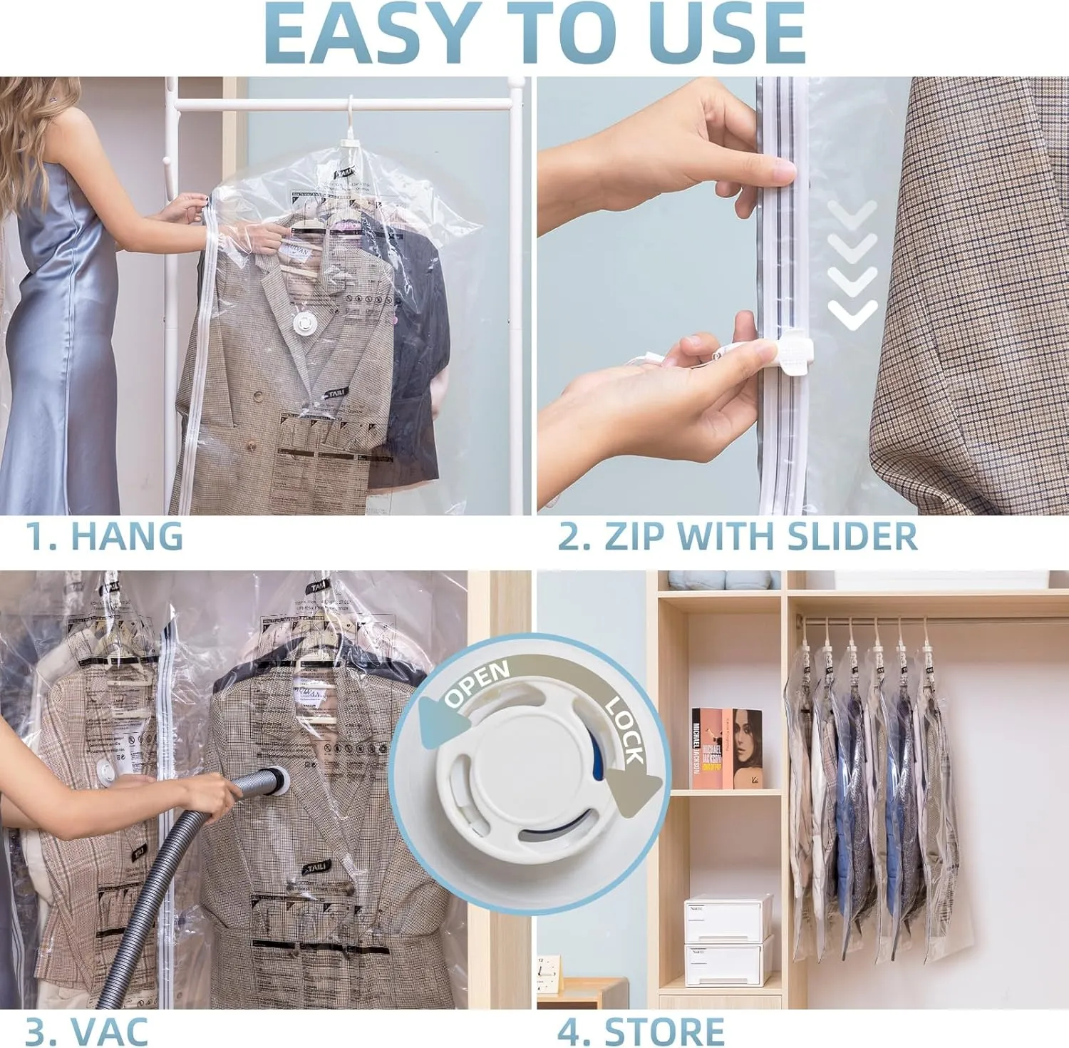 Hanging Vacuum Storage Bags, 6 Pack (41.3 x27.6 inch), Vacuum Seal Bags for Clothing, Garment Bags for Short Clothses, Jacket, Suits, Dresses, Closet Organizer Space Saving