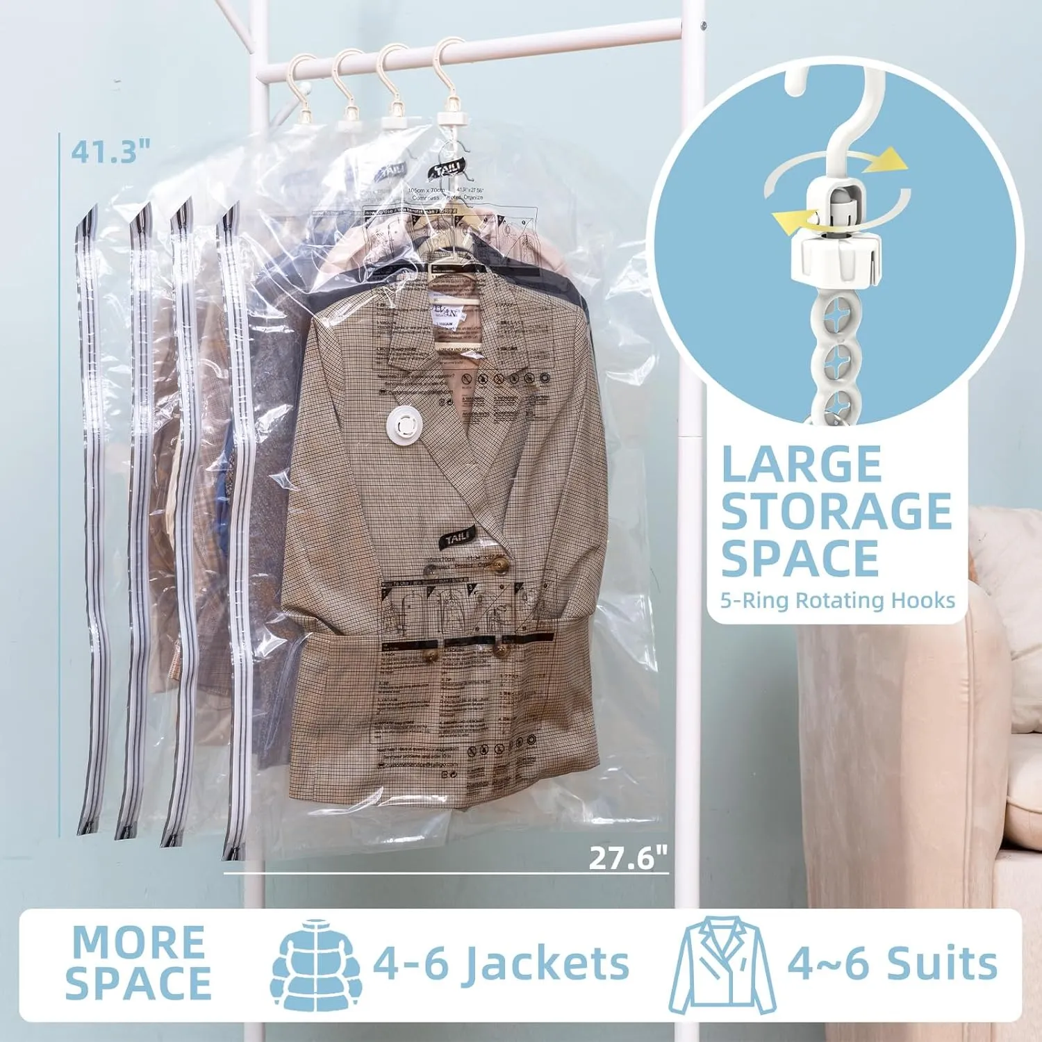 Hanging Vacuum Storage Bags, 6 Pack (41.3 x27.6 inch), Vacuum Seal Bags for Clothing, Garment Bags for Short Clothses, Jacket, Suits, Dresses, Closet Organizer Space Saving