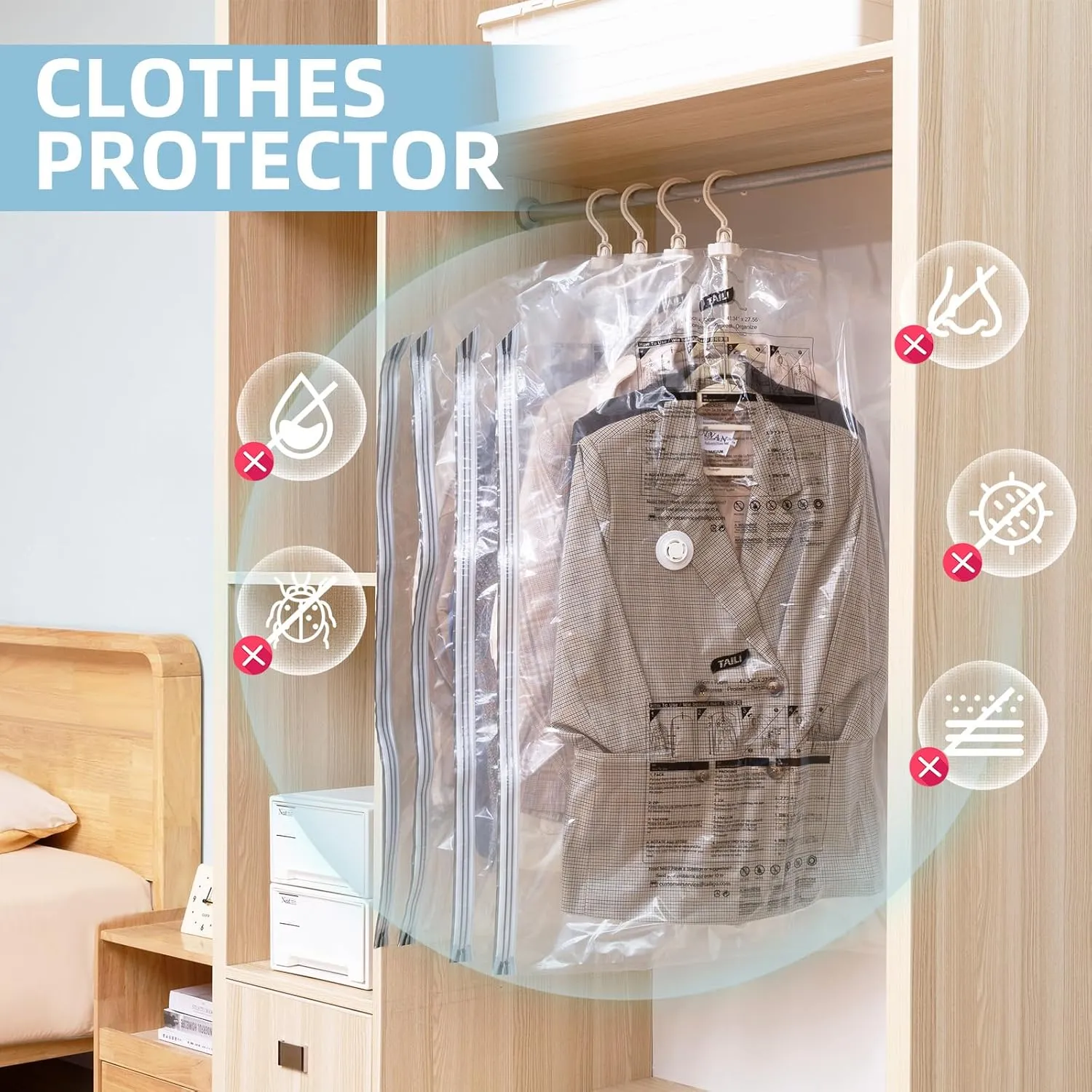 Hanging Vacuum Storage Bags, 6 Pack (41.3 x27.6 inch), Vacuum Seal Bags for Clothing, Garment Bags for Short Clothses, Jacket, Suits, Dresses, Closet Organizer Space Saving