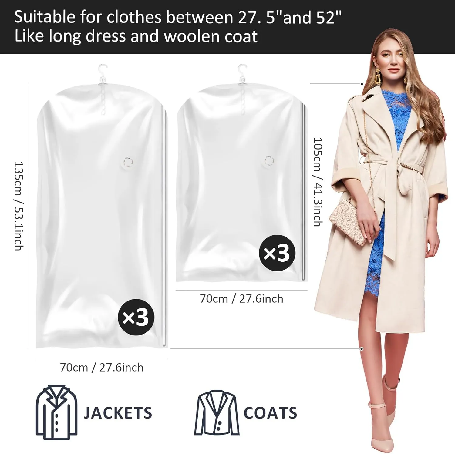 Hanging Vacuum Storage Bags, 6 Pack Large Hanging Space Saver Bags, Vacuum Sealed for Clothes Suits Dress Jackets for Moving Supplies(3 Long, 3 Short)