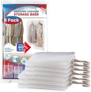 Hanging Vacuum Storage Bags, 6 Pack Large Hanging Space Saver Bags, Vacuum Sealed for Clothes Suits Dress Jackets for Moving Supplies(3 Long, 3 Short)
