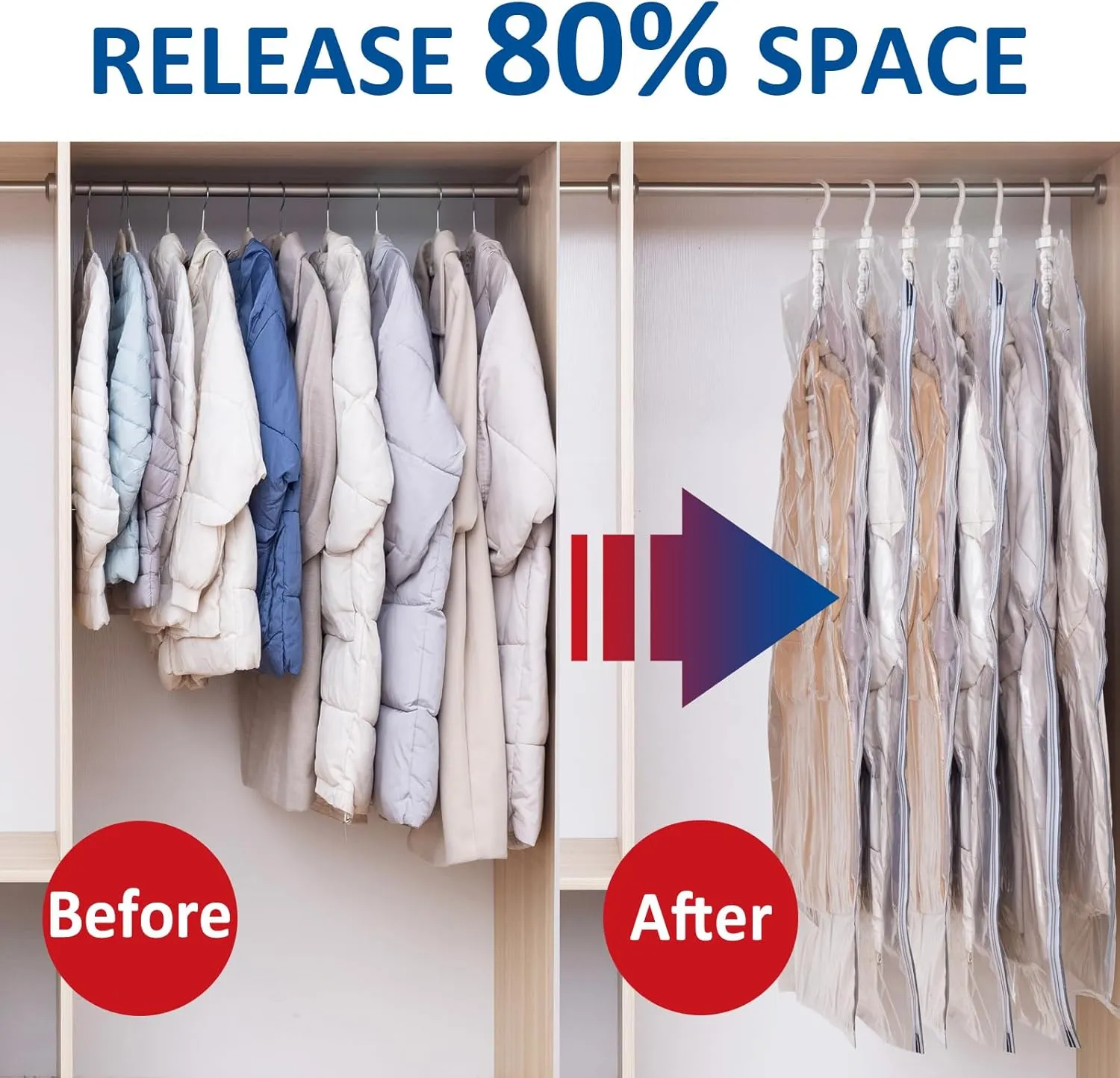 Hanging Vacuum Storage Bags, 6 Pack Large Hanging Space Saver Bags, Vacuum Sealed for Clothes Suits Dress Jackets for Moving Supplies(3 Long, 3 Short)