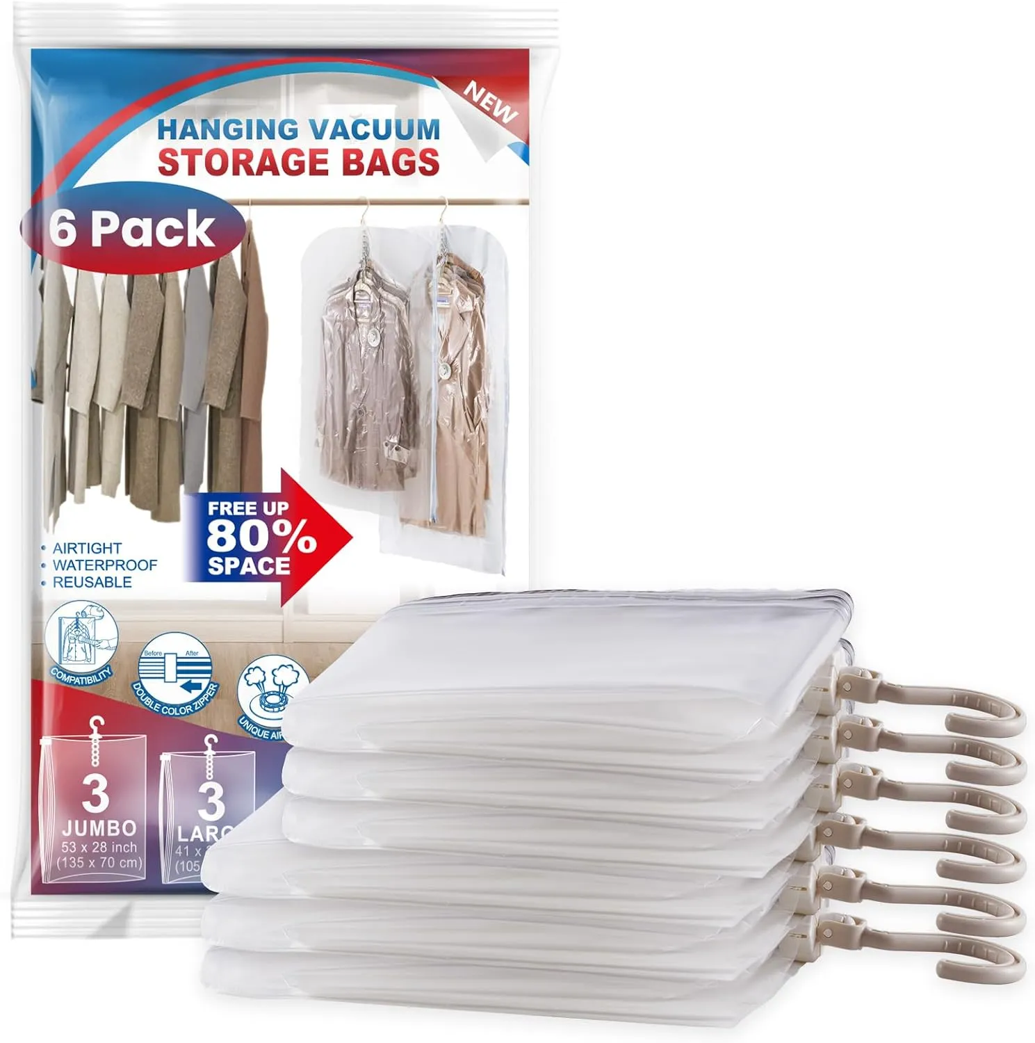 Hanging Vacuum Storage Bags, 6 Pack Large Hanging Space Saver Bags, Vacuum Sealed for Clothes Suits Dress Jackets for Moving Supplies(3 Long, 3 Short)