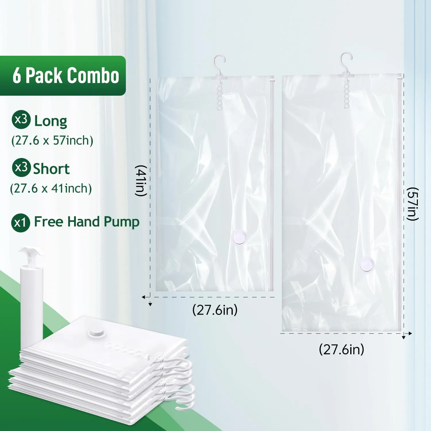 Hanging Vacuum Storage Bags For Clothes With Hand Pump,Coat Storage Bag Hanging,Vacuum Bags For Clothes,Space Saver Vacuum Storage Bags,Garment, Clothing, Dress, Suit, Long Coat, Jacket(Combo 6 Pack)