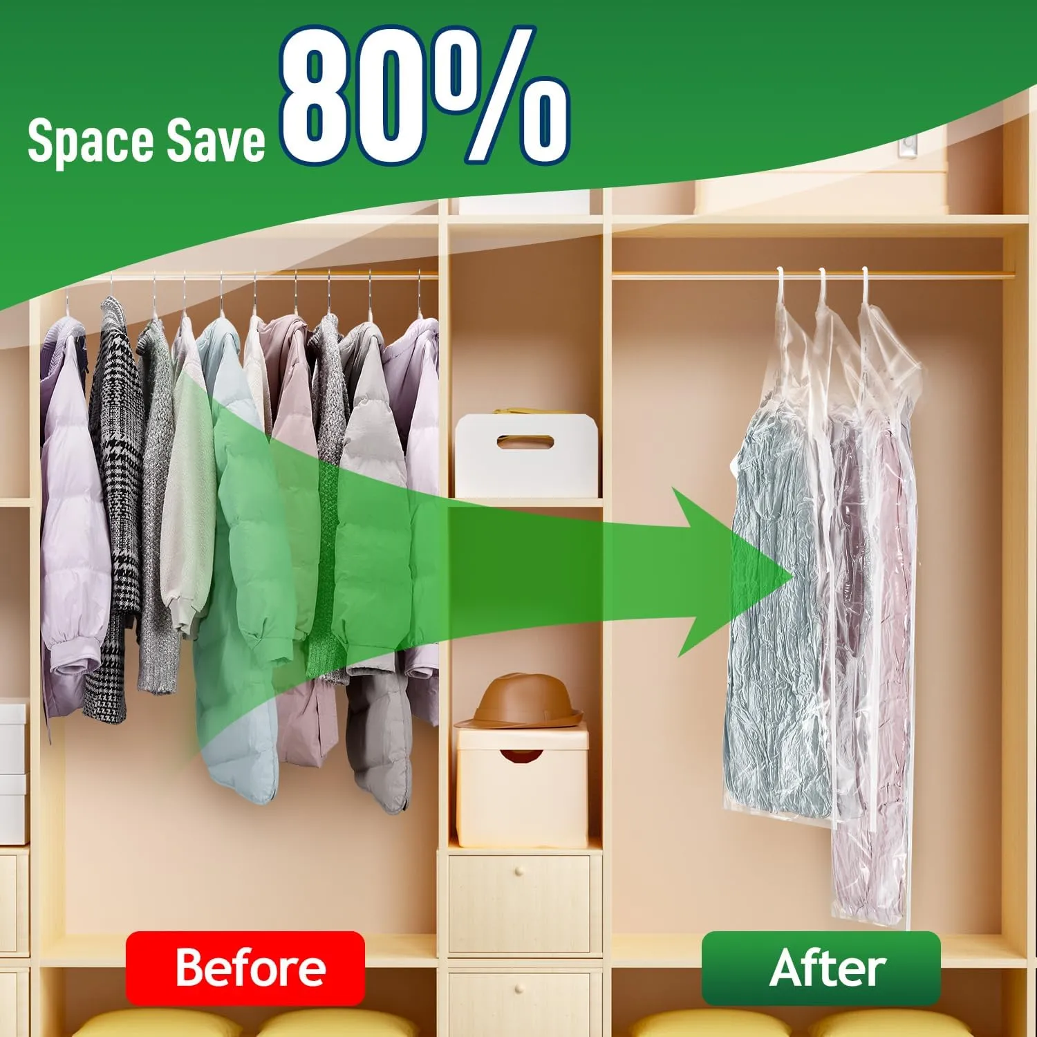 Hanging Vacuum Storage Bags For Clothes With Hand Pump,Coat Storage Bag Hanging,Vacuum Bags For Clothes,Space Saver Vacuum Storage Bags,Garment, Clothing, Dress, Suit, Long Coat, Jacket(Combo 6 Pack)