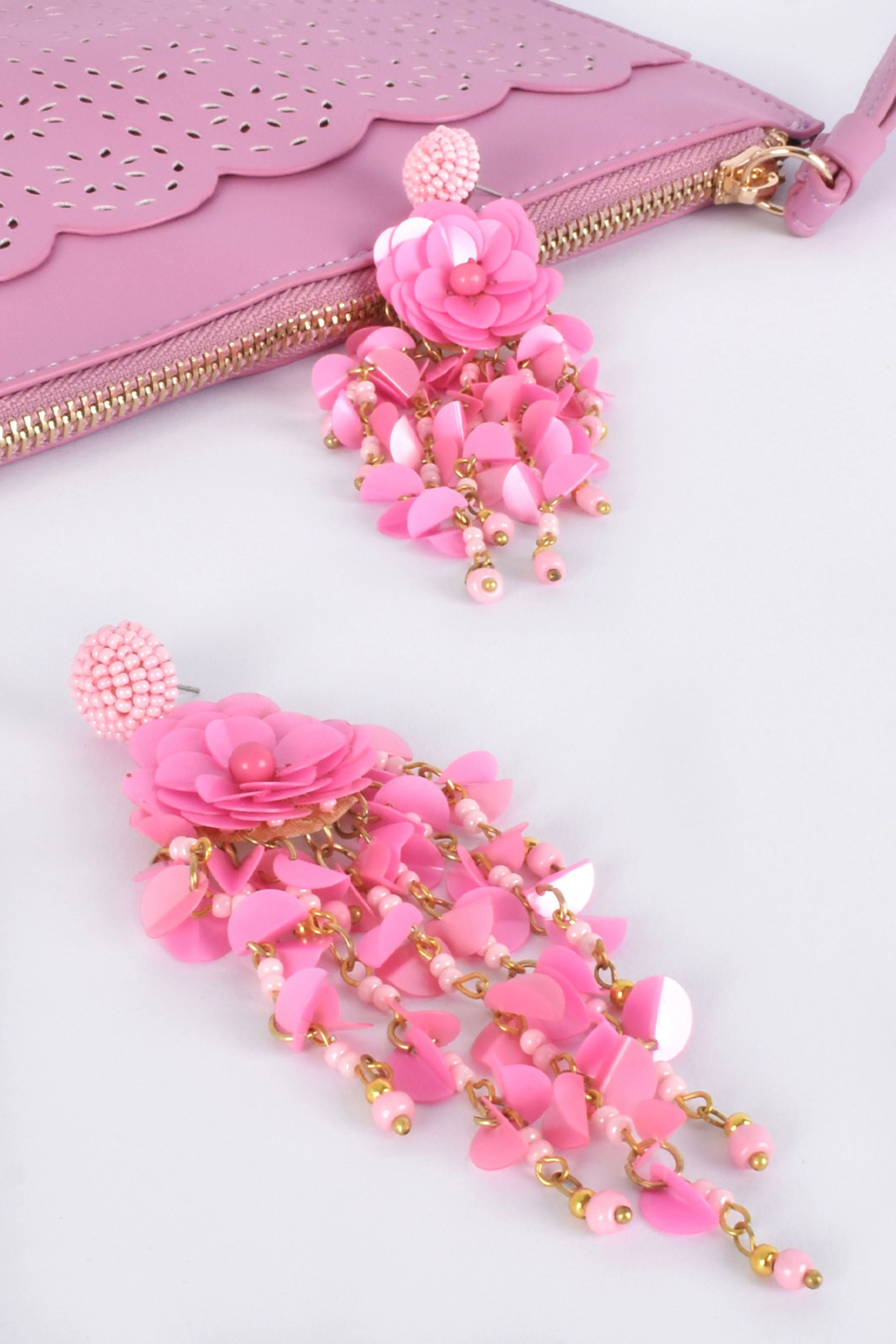 Harlow Sequin Flower Earrings - Pink