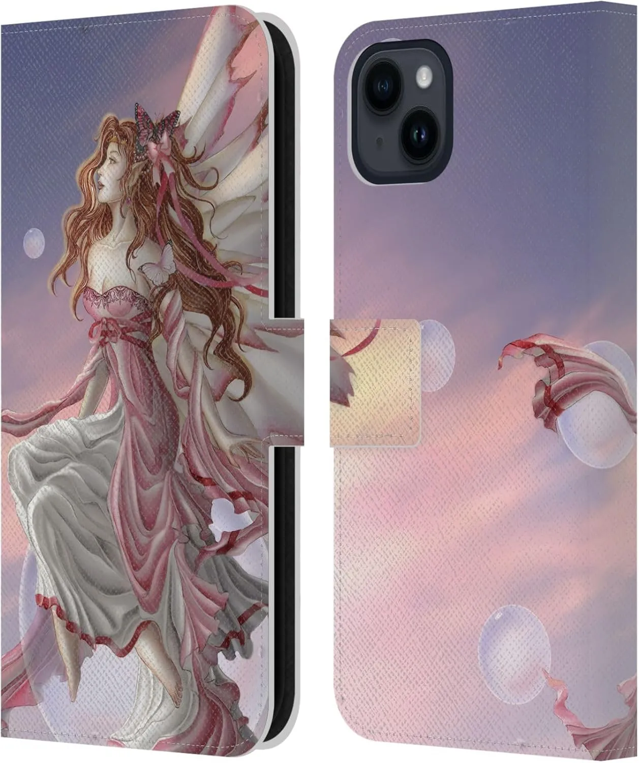 Head Case Designs Officially Licensed Nene Thomas Daybreak Pink Fairy Bubbles Leather Book Wallet Case Cover Compatible with Apple iPhone 15 Plus