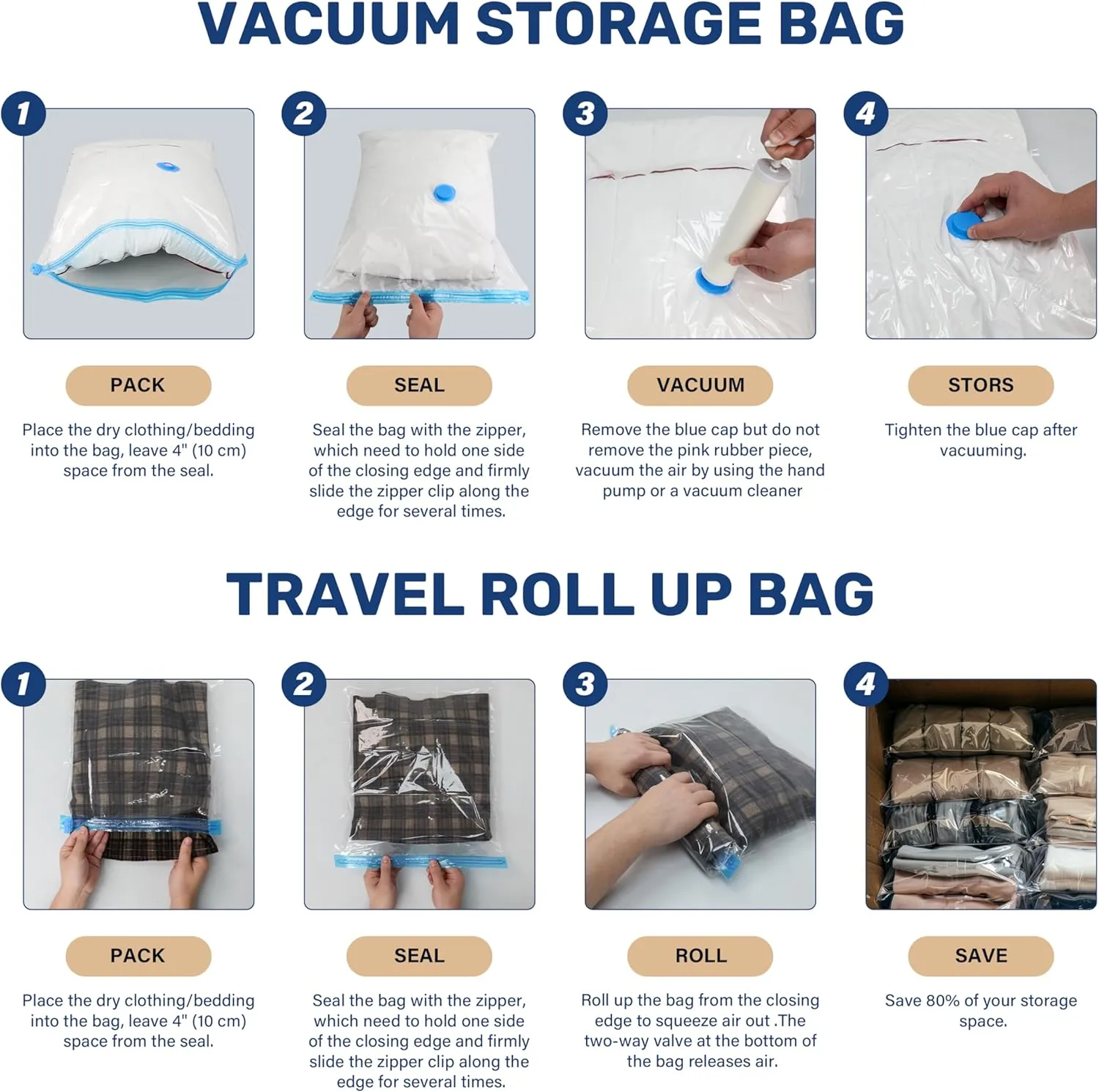 HealSmart Vacuum Storage Bags, 20 Pack Space Saver Vacuum Seal Bags, Compression Bags for Travel Lugggage, Clothing, Comforters, Blankets with Hand Pump (4 Jumbo/4 Large/4 Medium/4 Small/4 Roll M)