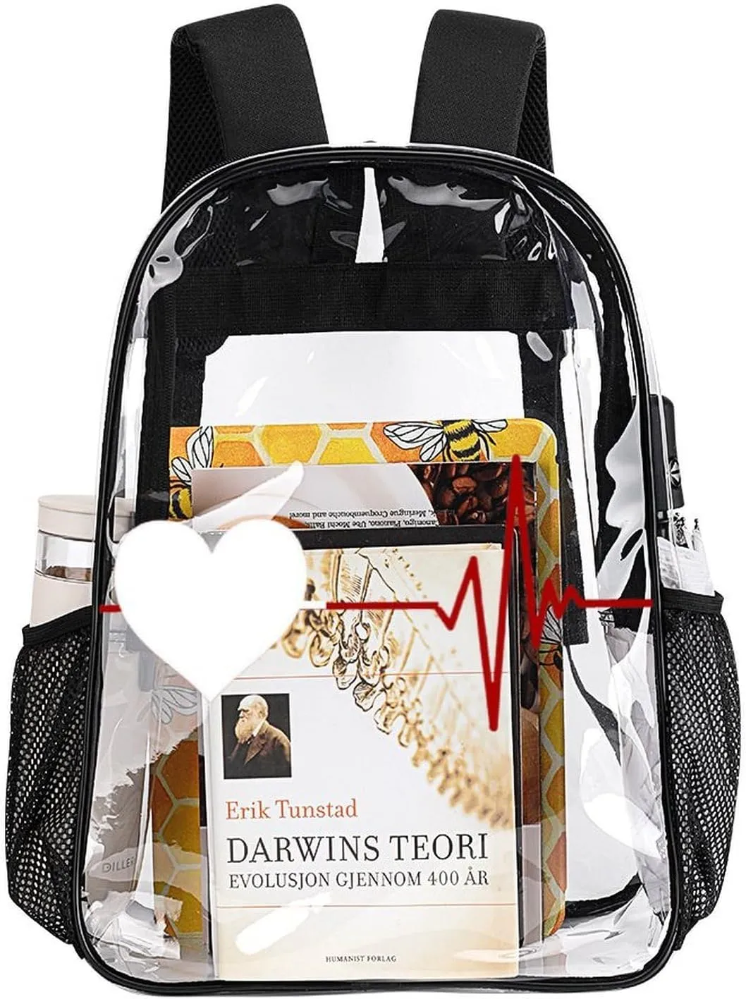 Heartbeat Love Cardiogram 17 Inch Transparent Backpack Pulse Line Water Resistant PVC Clear Laptop Daypack for Travel Work Camping Women Men 43x32x13cm