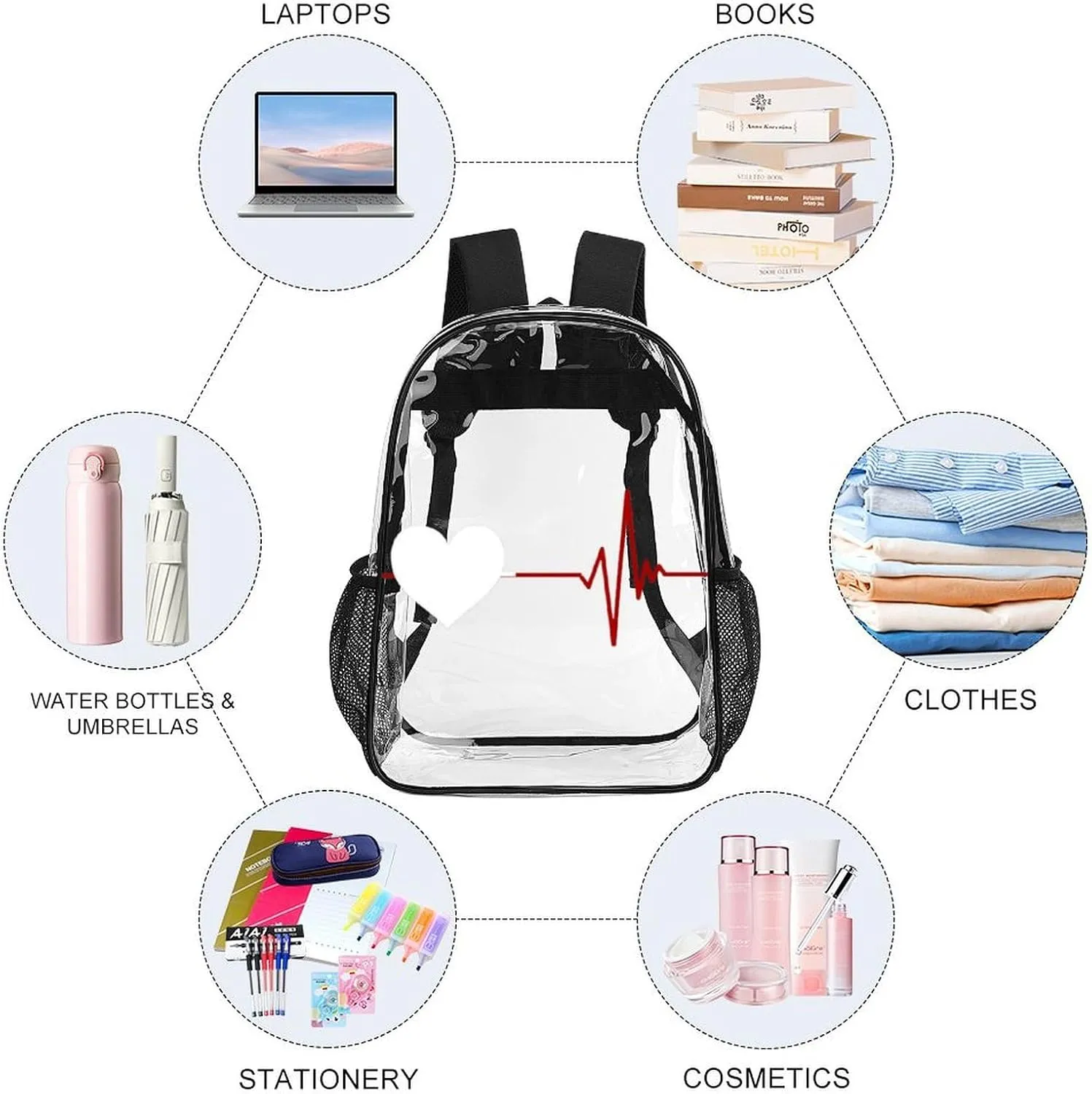 Heartbeat Love Cardiogram 17 Inch Transparent Backpack Pulse Line Water Resistant PVC Clear Laptop Daypack for Travel Work Camping Women Men 43x32x13cm