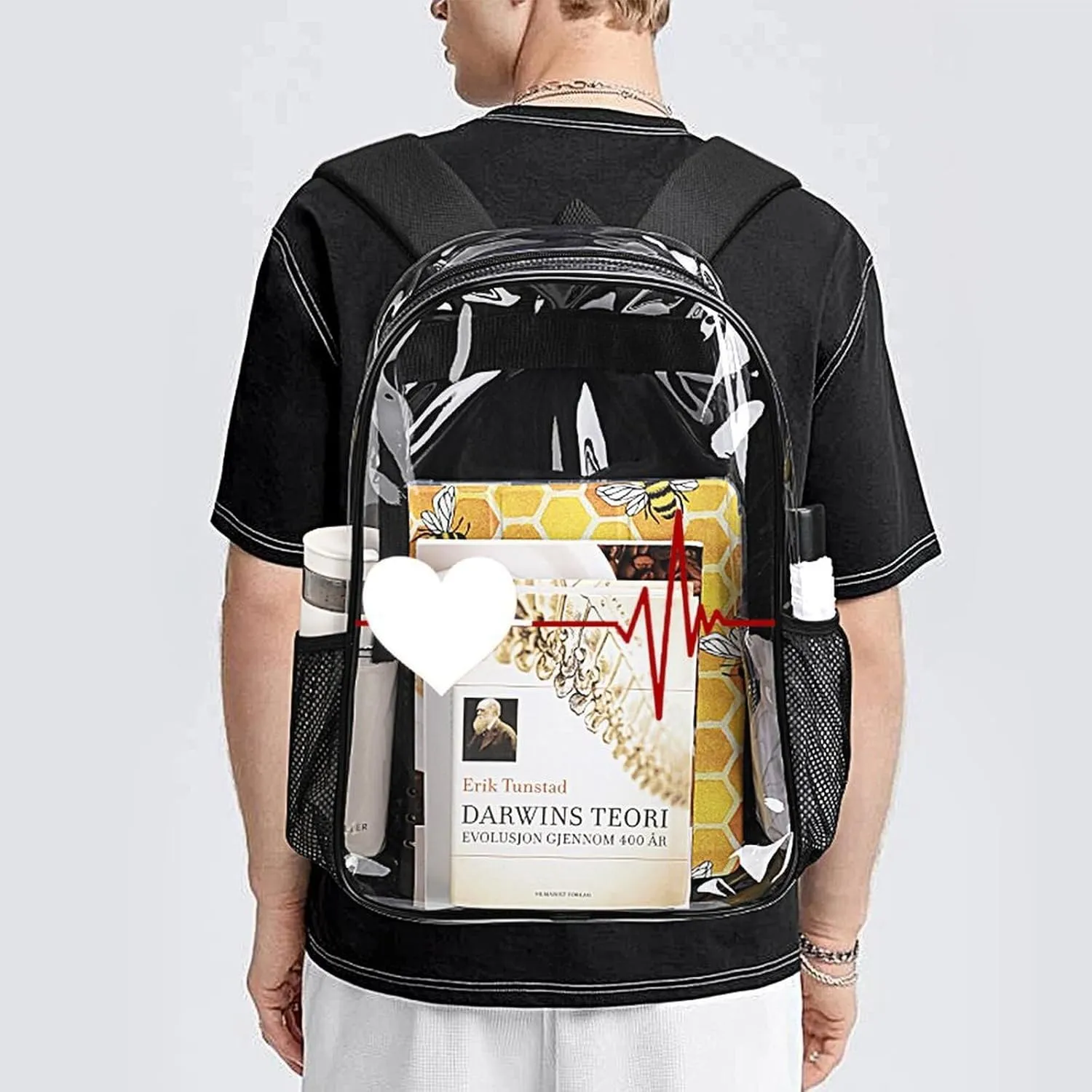Heartbeat Love Cardiogram 17 Inch Transparent Backpack Pulse Line Water Resistant PVC Clear Laptop Daypack for Travel Work Camping Women Men 43x32x13cm