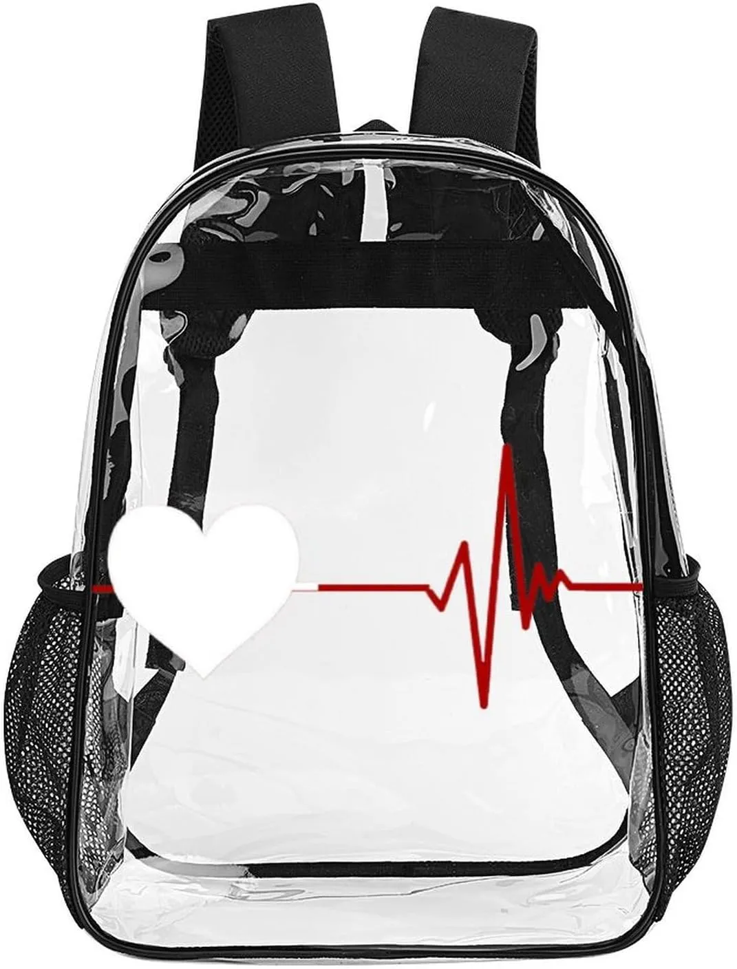 Heartbeat Love Cardiogram 17 Inch Transparent Backpack Pulse Line Water Resistant PVC Clear Laptop Daypack for Travel Work Camping Women Men 43x32x13cm