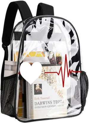 Heartbeat Love Cardiogram 17 Inch Transparent Backpack Pulse Line Water Resistant PVC Clear Laptop Daypack for Travel Work Camping Women Men 43x32x13cm