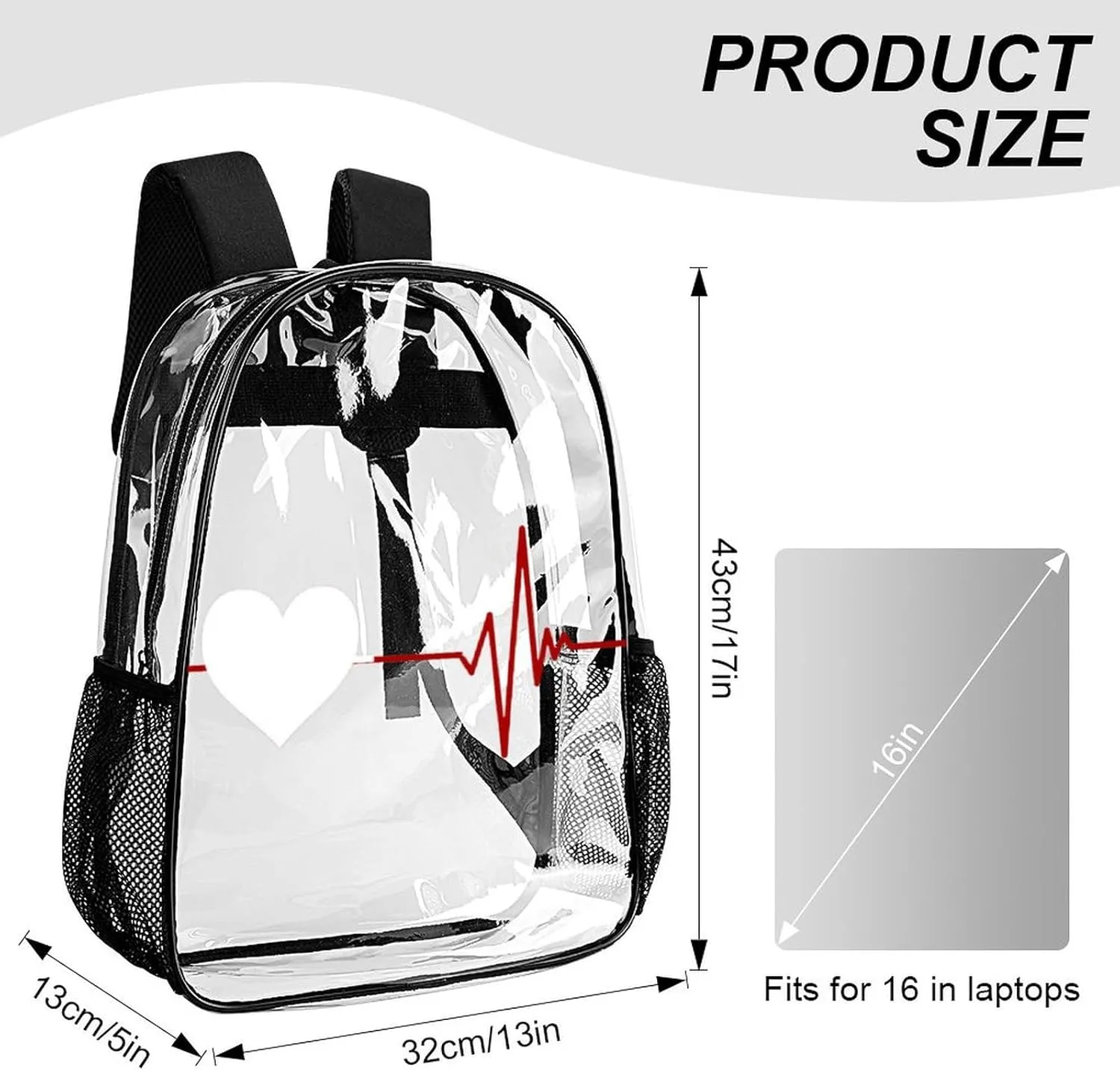 Heartbeat Love Cardiogram 17 Inch Transparent Backpack Pulse Line Water Resistant PVC Clear Laptop Daypack for Travel Work Camping Women Men 43x32x13cm