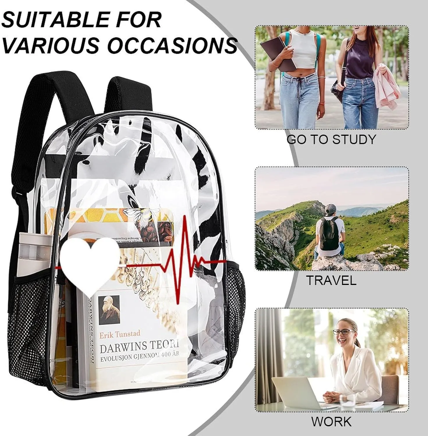 Heartbeat Love Cardiogram 17 Inch Transparent Backpack Pulse Line Water Resistant PVC Clear Laptop Daypack for Travel Work Camping Women Men 43x32x13cm