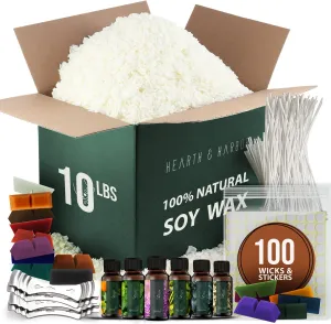 Hearth & Harbor Soy Candle Wax Flakes - Natural Soy Wax for Candle Making Premium 10 lb Bag, 50 Cotton Candle Wicks, 50 Wick Stickers, & 4 Centering Devices