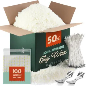 Hearth & Harbor Soy Candle Wax for Candle Making, Natural Soy Wax for Candle Making 50 lb Bag with Supplies, 100 Cotton Candle Wicks, 100 Wick Stickers, 2 Centering Devices - 50 Pounds Soy Wax Flakes