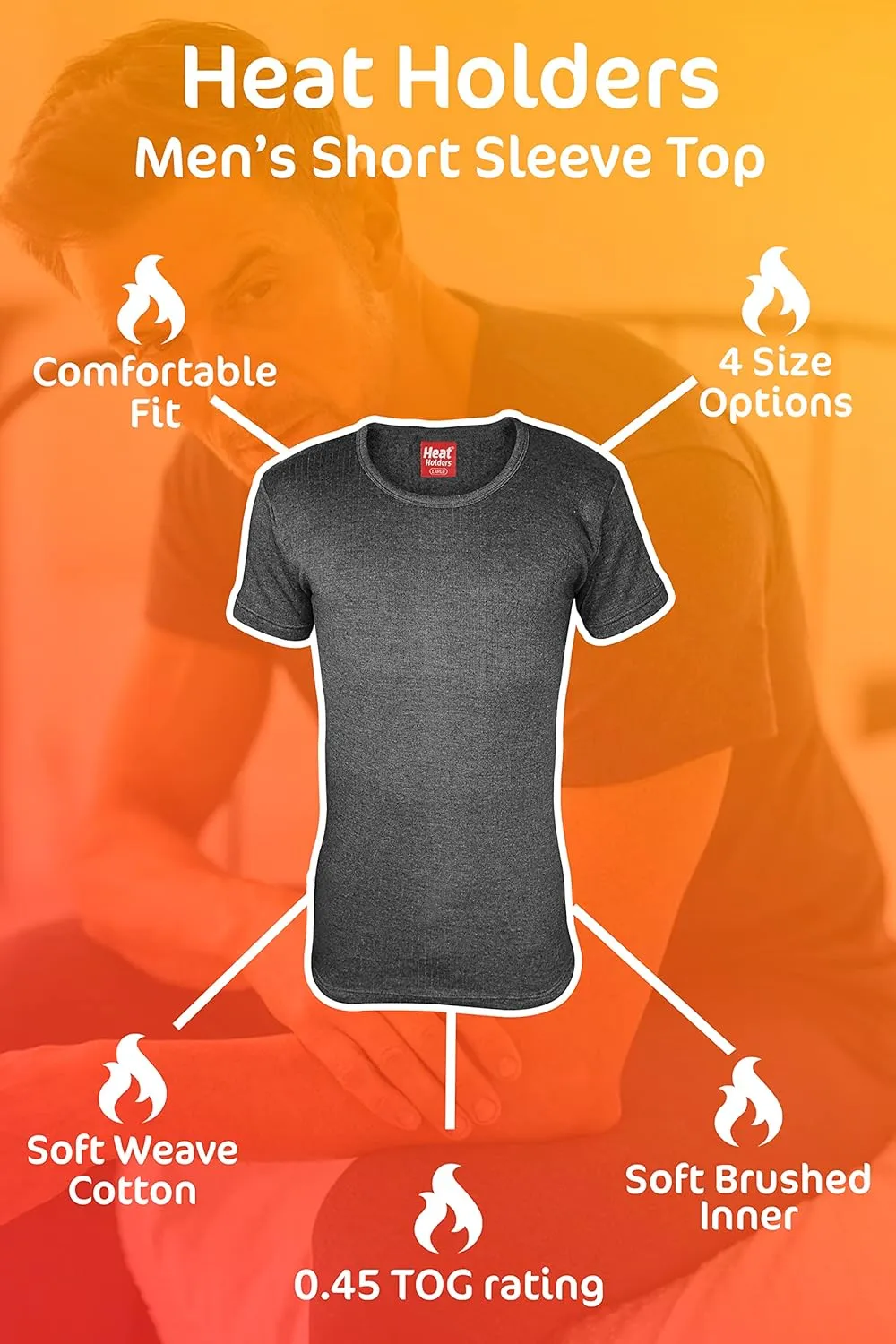 HEAT HOLDERS Mens Short Sleeve Winter Thick Thermal Lining Base Layer Shirt