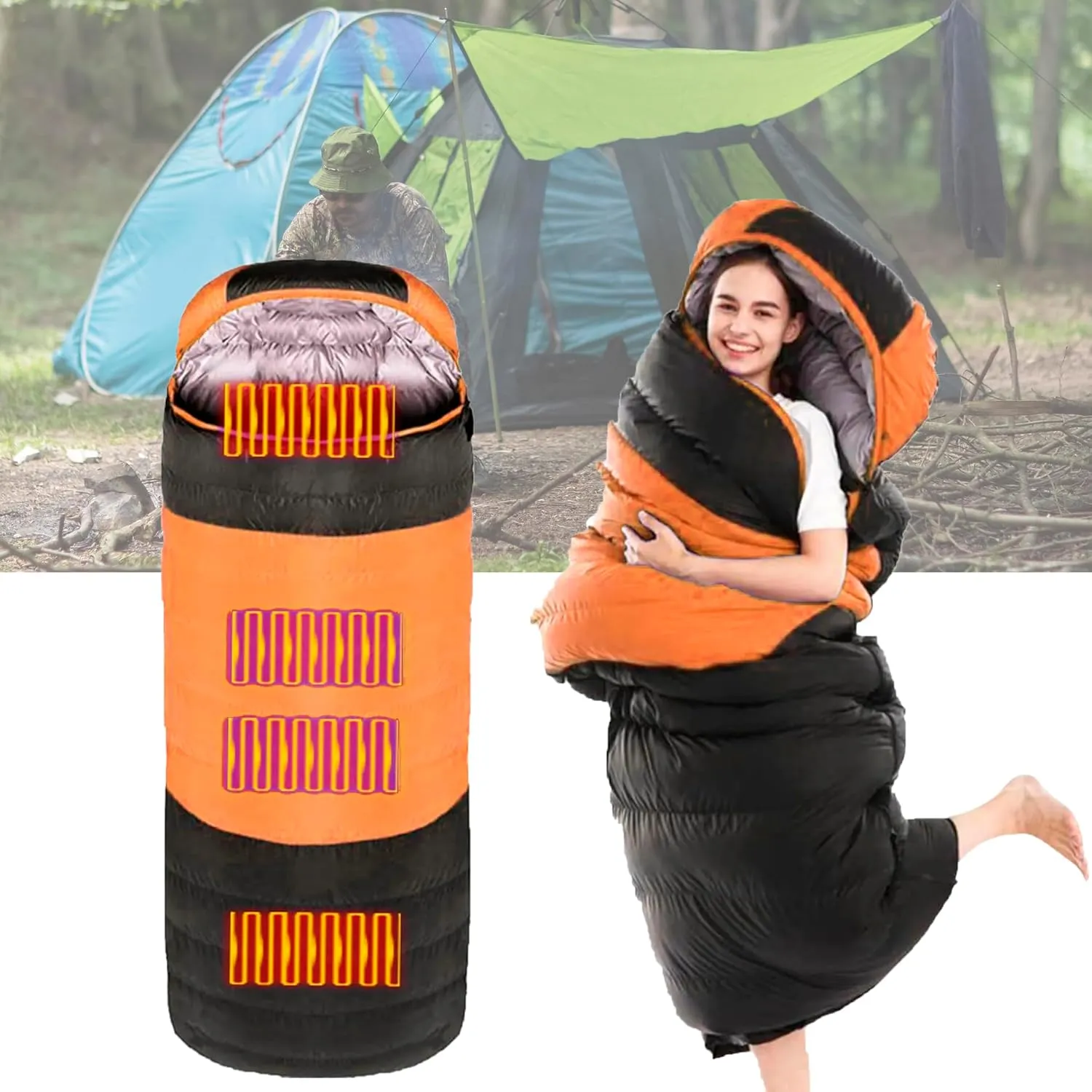 Heated Sleeping Bag for Adults,USB Power Support Mummy Heated Blanket with Compression Sack,3-4 Season Tent Heater for Camping,3 Adjustable Temperature,5 Heating Zones