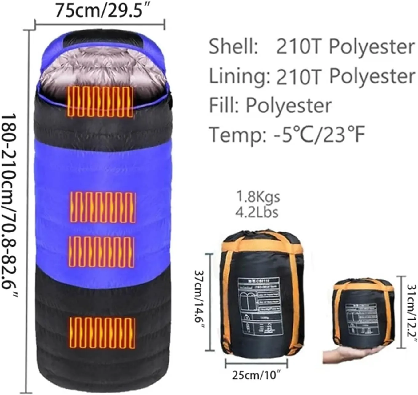 Heated Sleeping Bag for Adults,USB Power Support Mummy Heated Blanket with Compression Sack,3-4 Season Tent Heater for Camping,3 Adjustable Temperature,5 Heating Zones