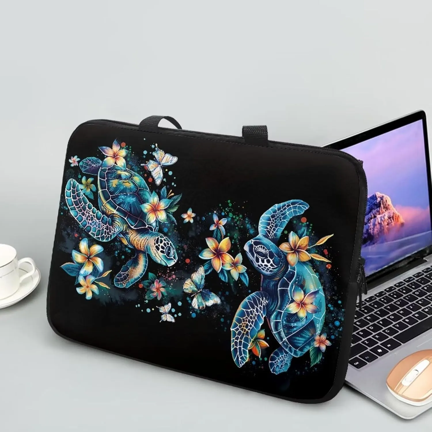 Hibiscus Flower Turtle Print Laptop Case for Women Men Study Work Laptop Sleeve with Handle Traveling Computer Bag Compatible with 10-17 inch Notebook Carrying Bag Briefcase, 15inch