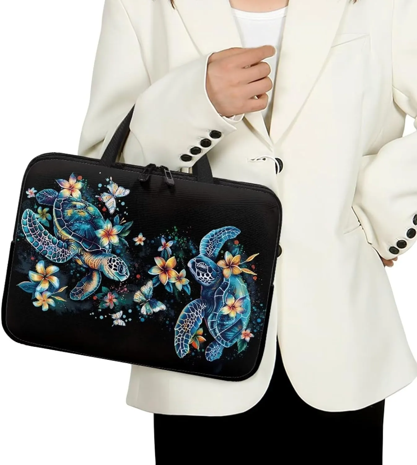 Hibiscus Flower Turtle Print Laptop Case for Women Men Study Work Laptop Sleeve with Handle Traveling Computer Bag Compatible with 10-17 inch Notebook Carrying Bag Briefcase, 15inch