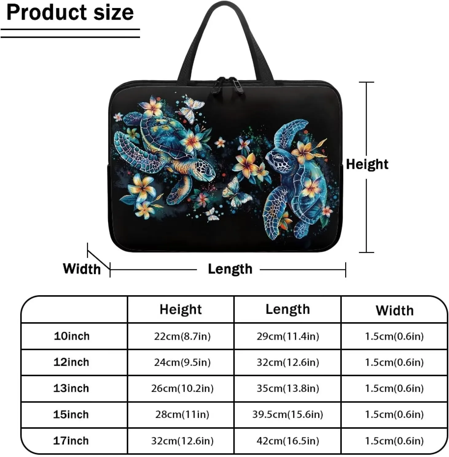 Hibiscus Flower Turtle Print Laptop Case for Women Men Study Work Laptop Sleeve with Handle Traveling Computer Bag Compatible with 10-17 inch Notebook Carrying Bag Briefcase, 15inch