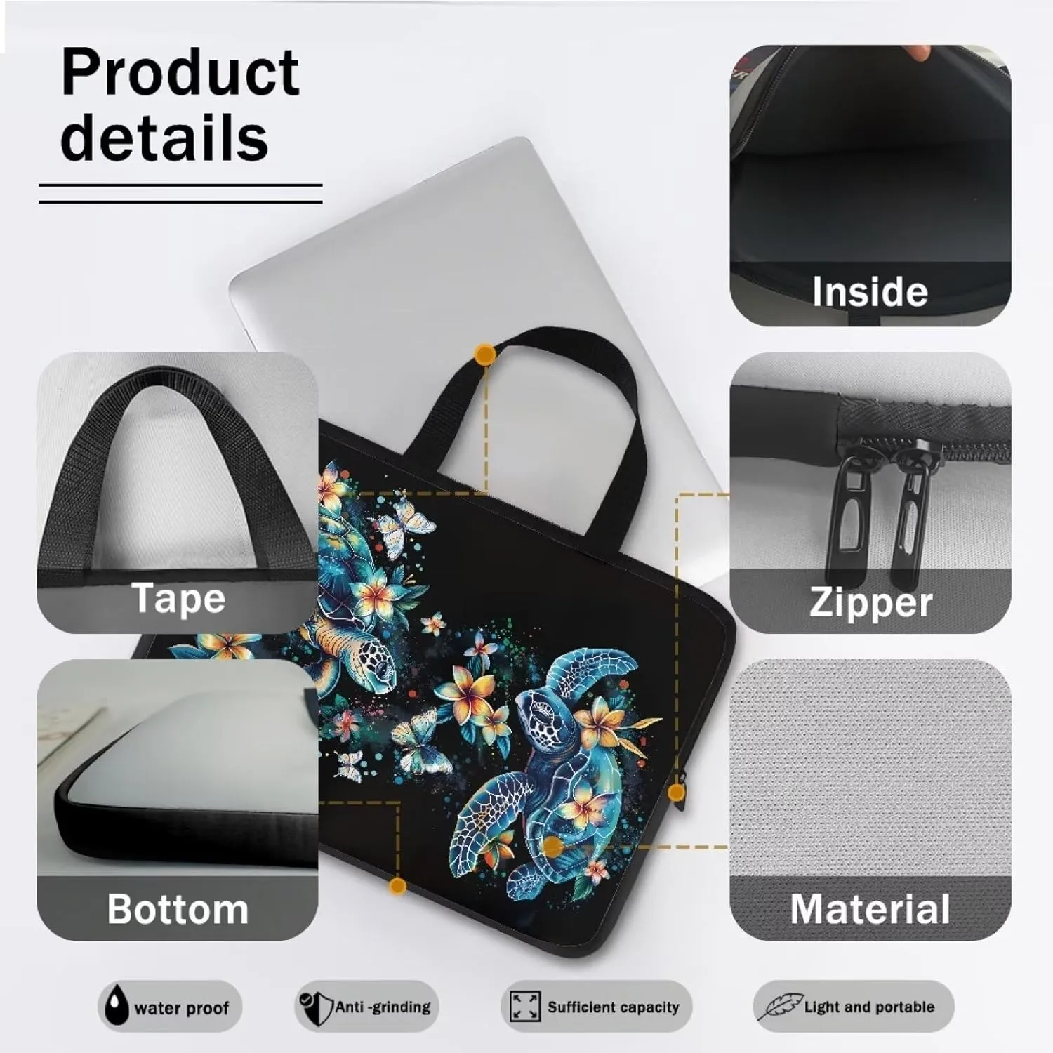 Hibiscus Flower Turtle Print Laptop Case for Women Men Study Work Laptop Sleeve with Handle Traveling Computer Bag Compatible with 10-17 inch Notebook Carrying Bag Briefcase, 15inch