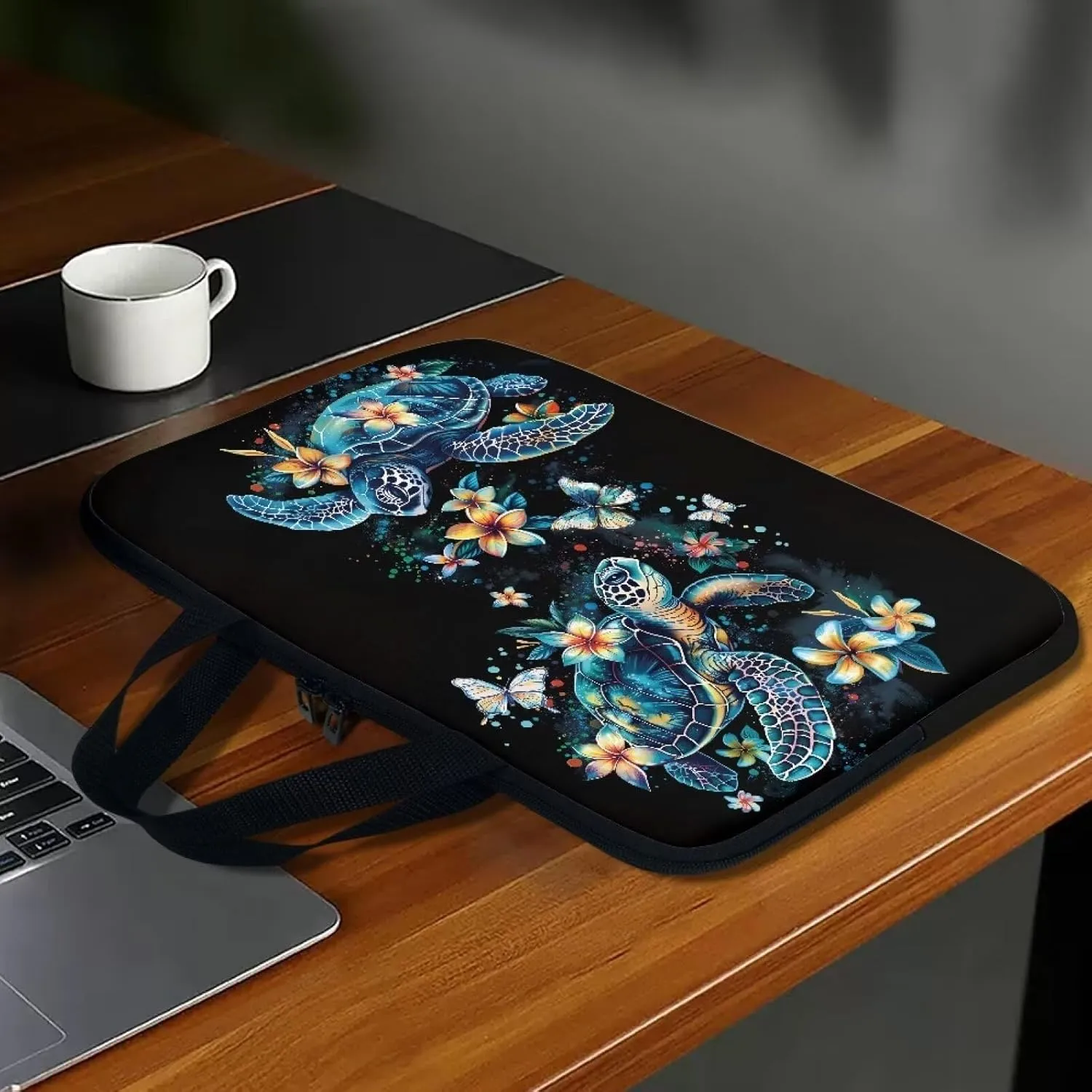 Hibiscus Flower Turtle Print Laptop Case for Women Men Study Work Laptop Sleeve with Handle Traveling Computer Bag Compatible with 10-17 inch Notebook Carrying Bag Briefcase, 15inch