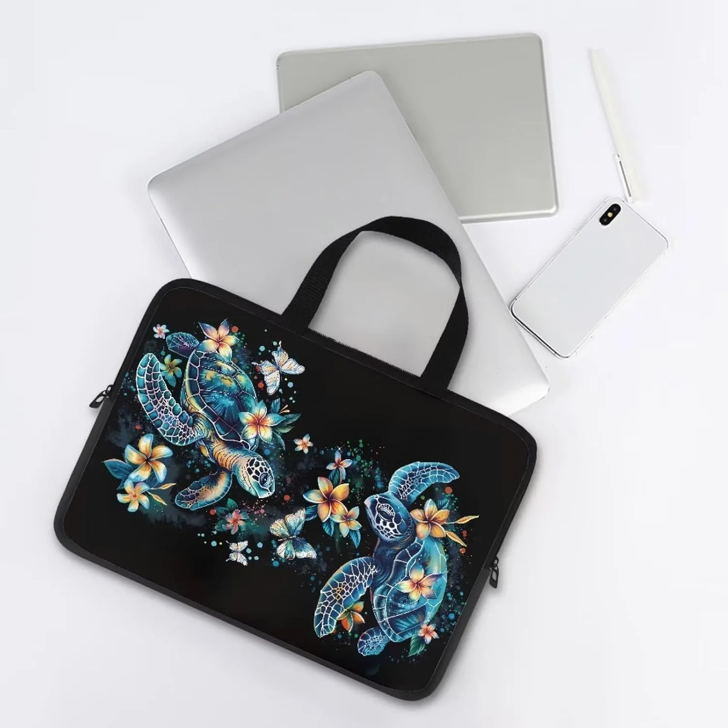 Hibiscus Flower Turtle Print Laptop Case for Women Men Study Work Laptop Sleeve with Handle Traveling Computer Bag Compatible with 10-17 inch Notebook Carrying Bag Briefcase, 15inch