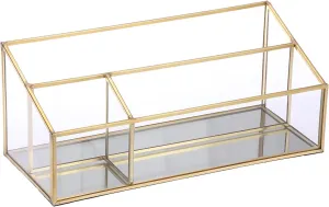 Hipiwe Makeup Organizer Countertop Cosmetic Display Case Gold Glass Vanity Storage Holder 3 Slots Dresser Bathroom Counter Organizer for Makeup Brush Lipsticks Perfume Skincare Products