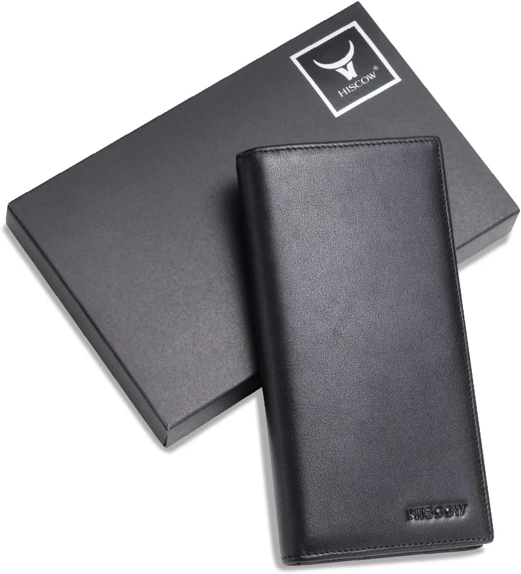 HISCOW Bifold Long Wallet with 15 Credit Card Slots - Italian Calfskin (Black)