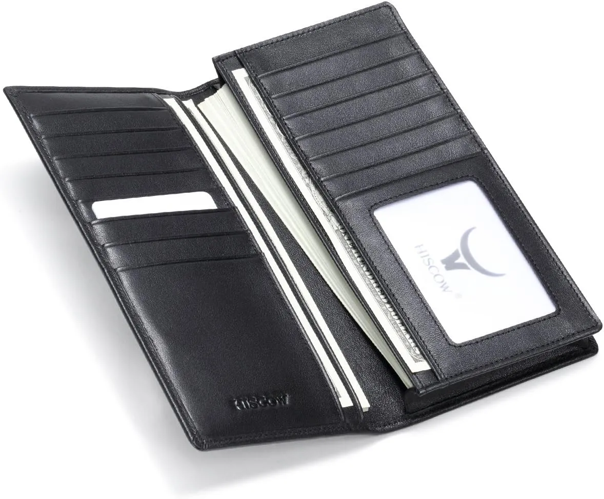HISCOW Bifold Long Wallet with 15 Credit Card Slots - Italian Calfskin (Black)