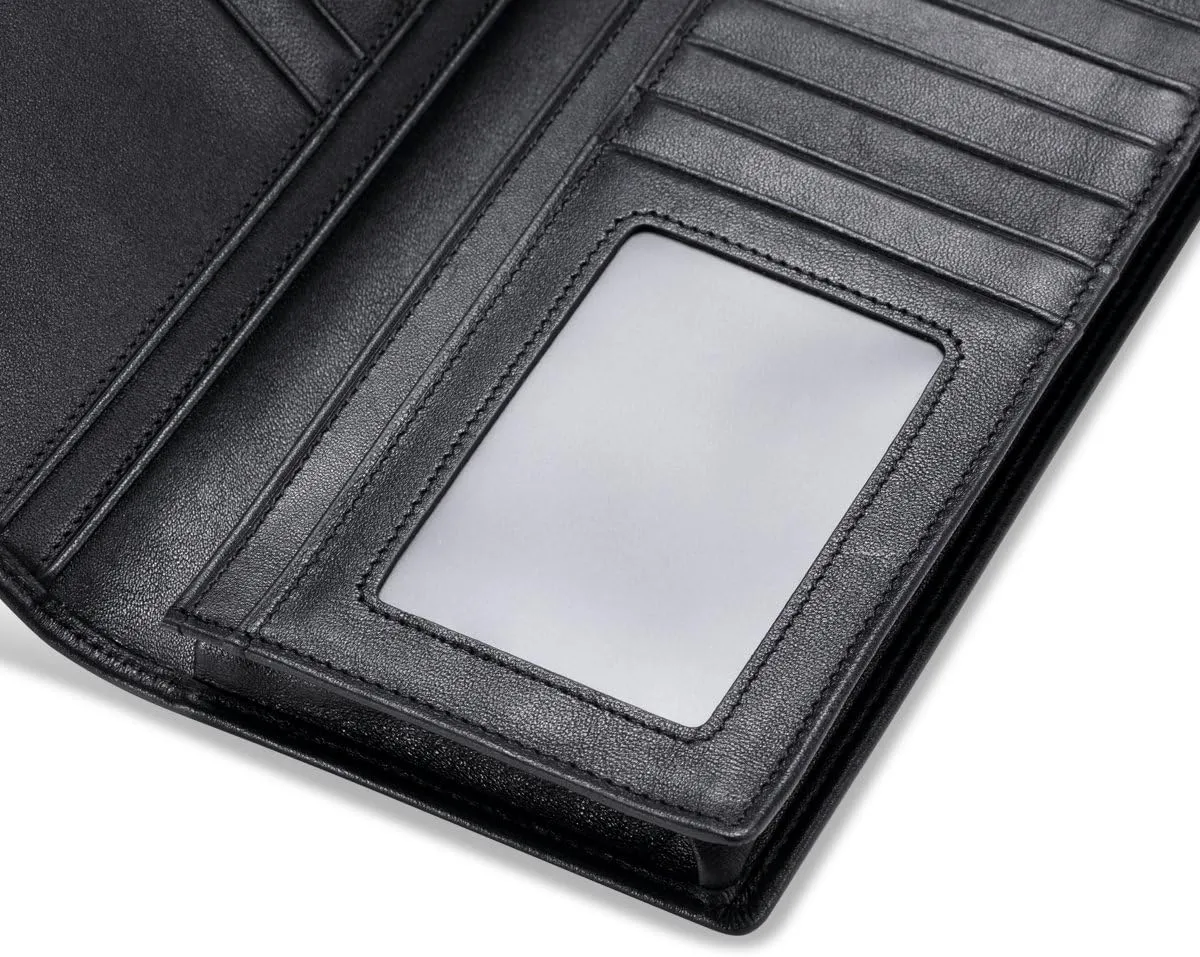HISCOW Bifold Long Wallet with 15 Credit Card Slots - Italian Calfskin (Black)