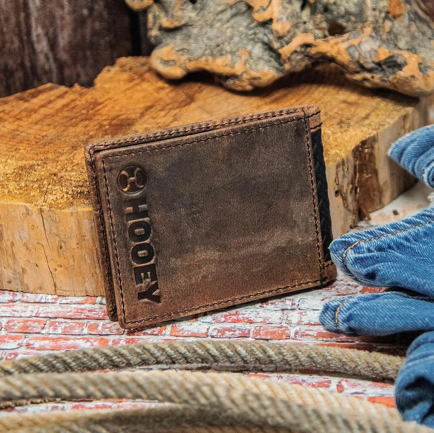 HOOEY Bi-Fold Leather Men's Wallet (Hands Up Basket Weave - Brown)