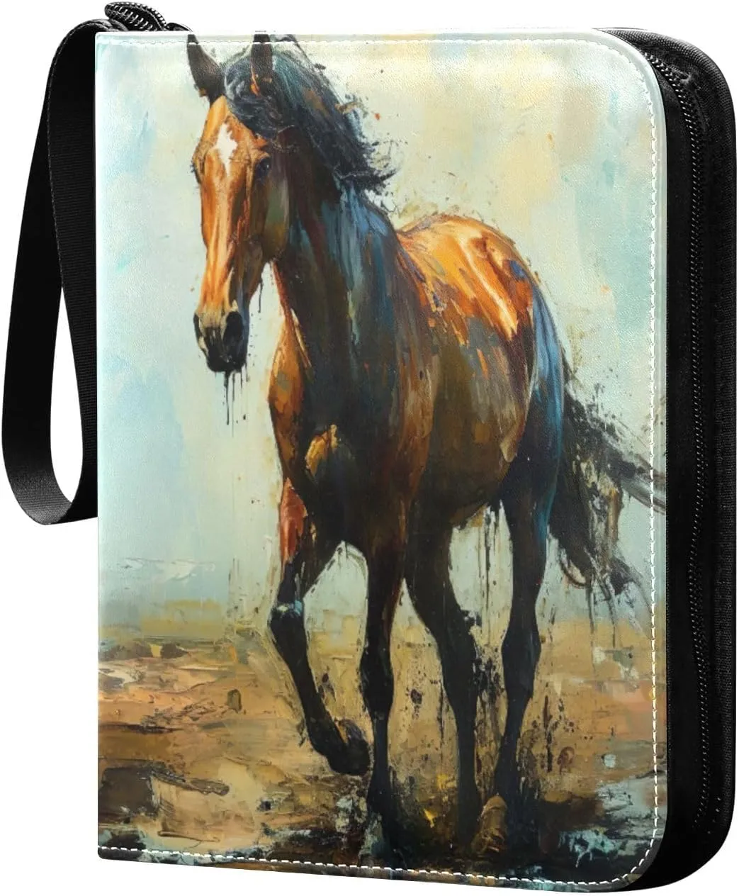 Horse Painting Card Binder with 50 Removable Page Sleeves PU Leather Collectible Trading Card Albums Book with Zipper for Games Card,Baseball Cards