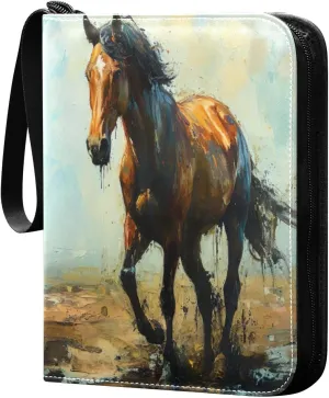 Horse Painting Card Binder with 50 Removable Page Sleeves PU Leather Collectible Trading Card Albums Book with Zipper for Games Card,Baseball Cards