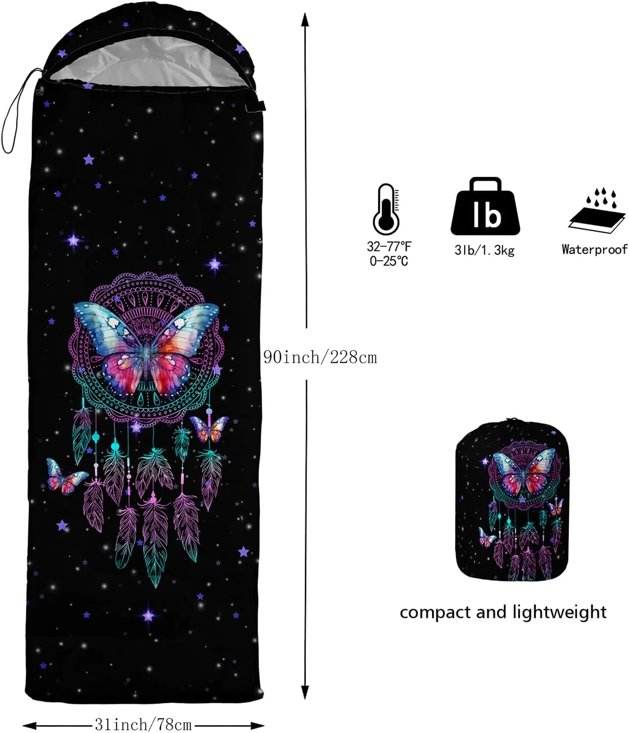 HOSIMA Butterfly Sleeping Bags for Adults and Kids for Camping,Black Gothic Ultralight Sleeping Bag for Cold Weather Summer.