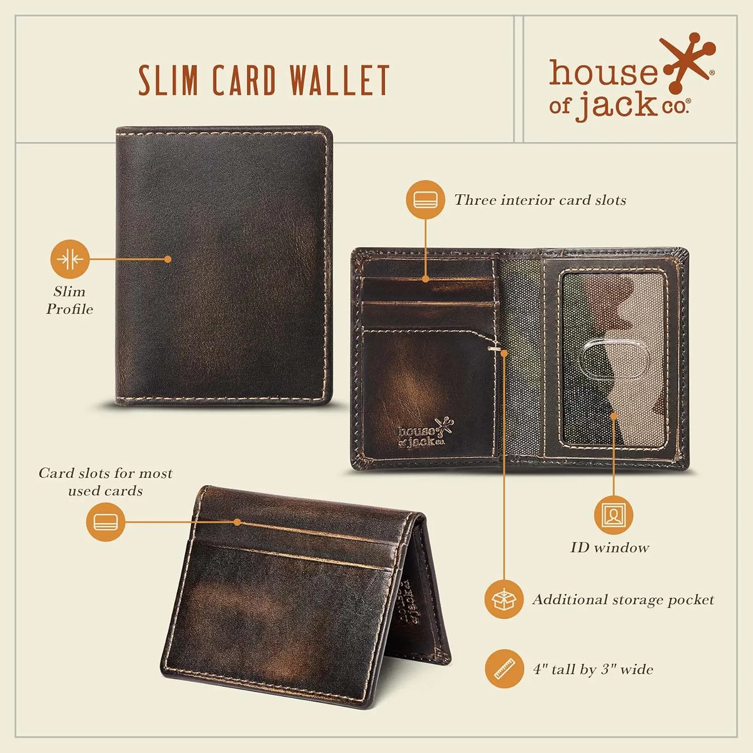 House of Jack Co. Slim Card Wallet for Men, Minimalist Front Pocket, Small Bifold Card Holder, Full Grain Cowhide Leather Walelt, Black