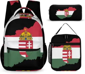 Hungary Map Flag Backpack Set 3 Pieces Laptop Daypack Insulated Lunch Tote Bag Pencil Case for Work Travel